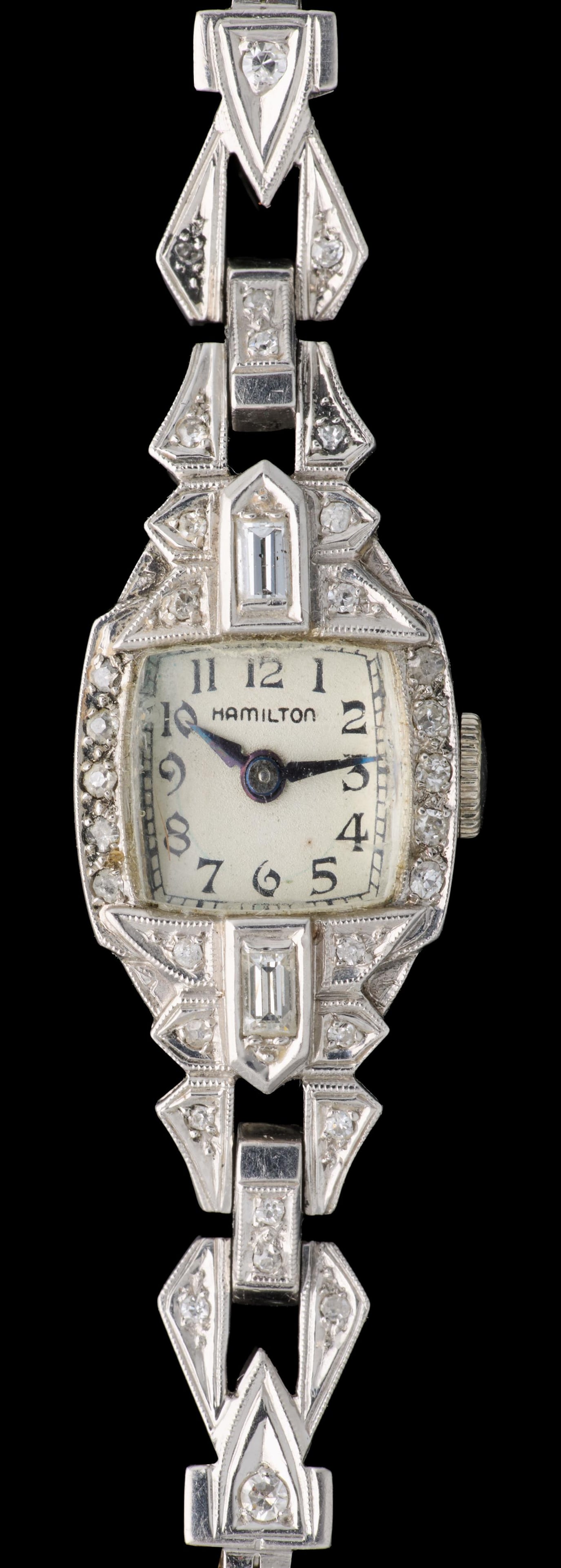 Ladies' Hamilton Art Deco Platinum Diamond Wristwatch, App. Total Wt.- 18.8 grams, L.- 6 in.: Ladies' Hamilton Art Deco Platinum Diamond Wristwatch, set with approximately 0.23 carat diamonds total weight in various cuts, with later band additions and safety chains, App. Total Wt.- 18.8 grams,