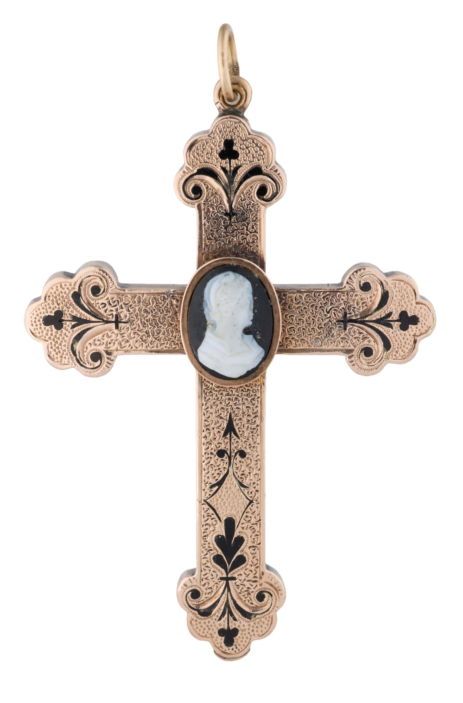 Victorian 12K Rose Gold Taille d'Epargne Cross Pendant, 19th c., App. Total Wt.- 19.6 grams, H.- 2: Victorian 12K Rose Gold Taille d'Epargne Cross Pendant, 19th c., with central applied cameo on diapered ground, App. Total Wt.- 19.6 grams, H.- 2 1/2 in., W.- 1 3/4 in. Please Note: All assessments of