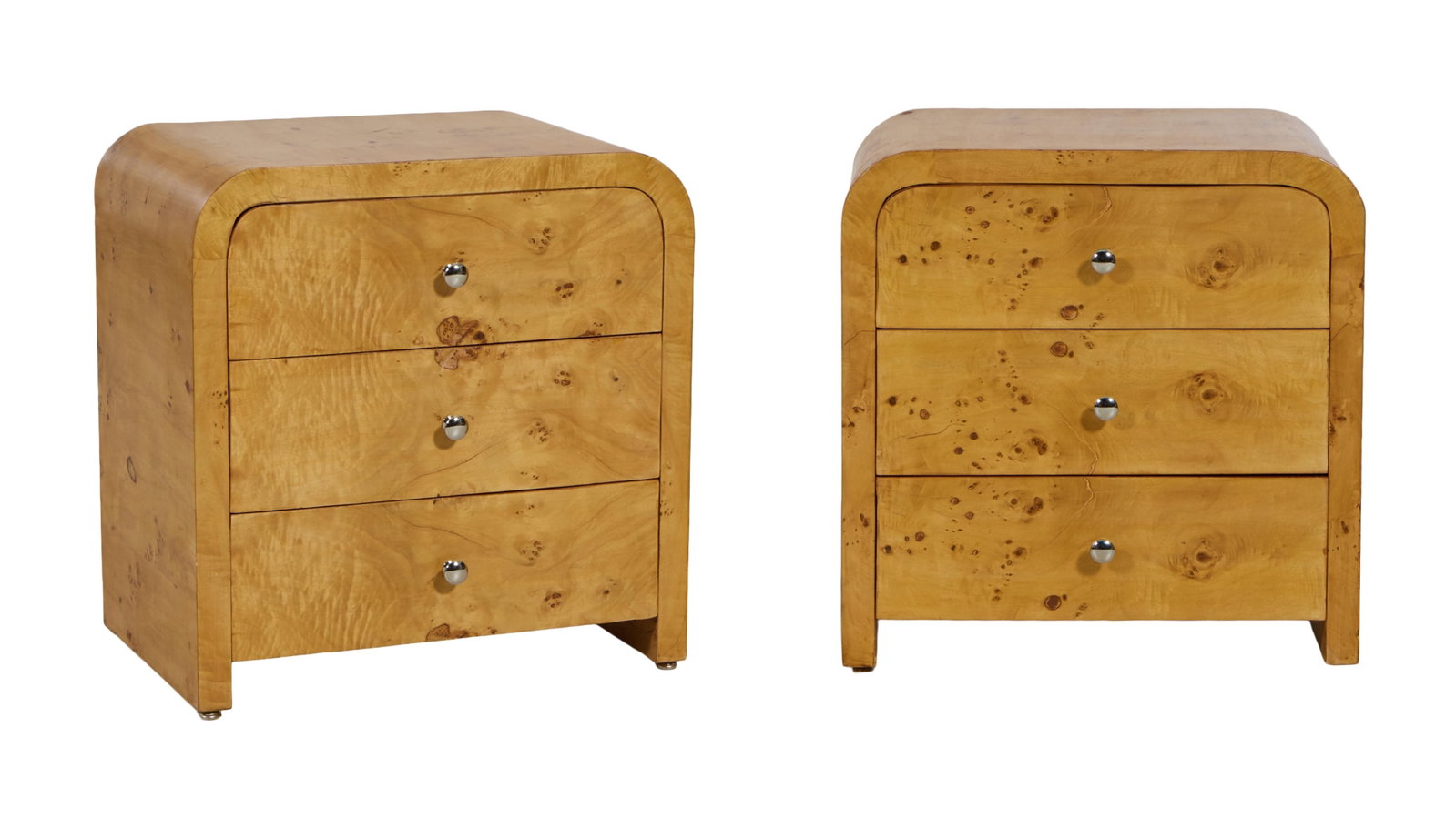 Pair of Three Drawer Burled Waterfall Nightstands, 21st c., Each- H.- 23 1/2 in., W.- 23 in., D.- 16 (1 of 1)