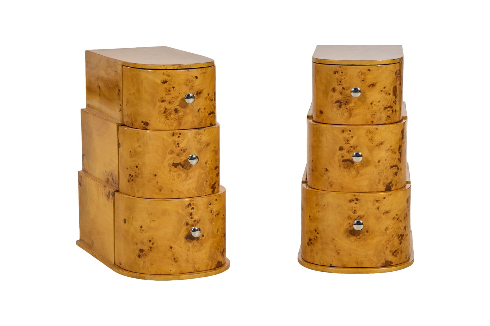 Pair of Petite Deco Style Burled Nightstands, 21st c., Each- H.- 22 1/4 in., W.- 12 in., D.- 19 in. (1 of 1)