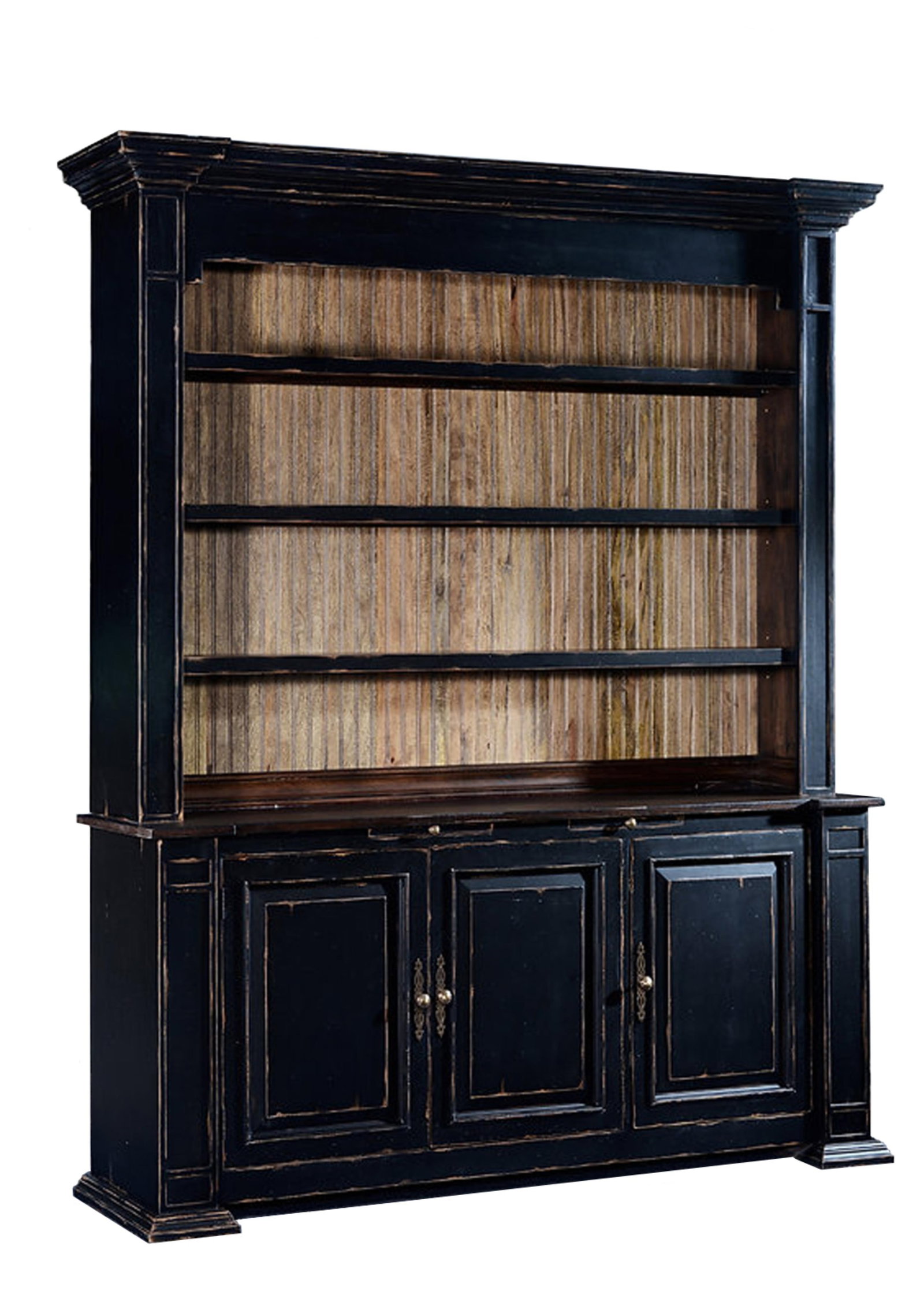 Distressed Polychromed Bookcase Cabinet, 21st c., H.- 90 3/4 in., W.- 76 in., D.- 17 3/4 in. (1 of 2)