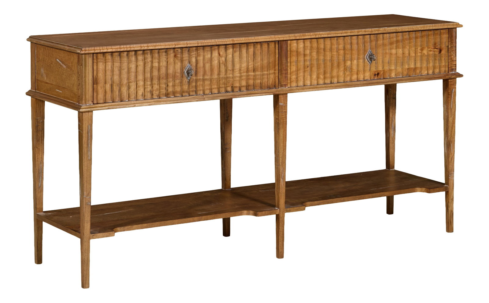 Louis XVI Inspired Mahogany Console, 21st c., H.- 35 1/4 in., W., 70 in., D.- 19 in.: Louis XVI Inspired Mahogany Console, 21st c., the long rectangular moulded top over two fluted deep drawers, tapered legs joined by a notched base stretcher shelf, H.- 35 1/4 in., W., 70 in., D.- 19 i