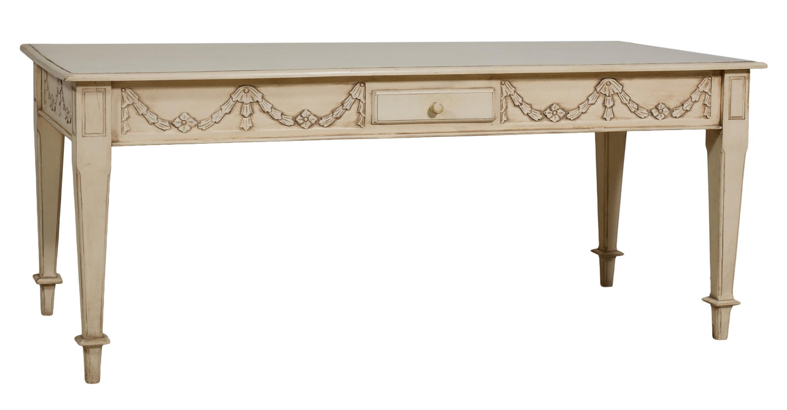 French Louis XVI Inspired Creme Peinte Dining Table, mid/late 20th c., H.- 31 in., W.- 80 in., D.-: French Louis XVI Inspired Creme Peinte Dining Table, mid/late 20th c., the molded rectangular top over deep swaged frieze with single frieze drawer, tapered chamfered legs with lower cuff, H.- 31 in.,