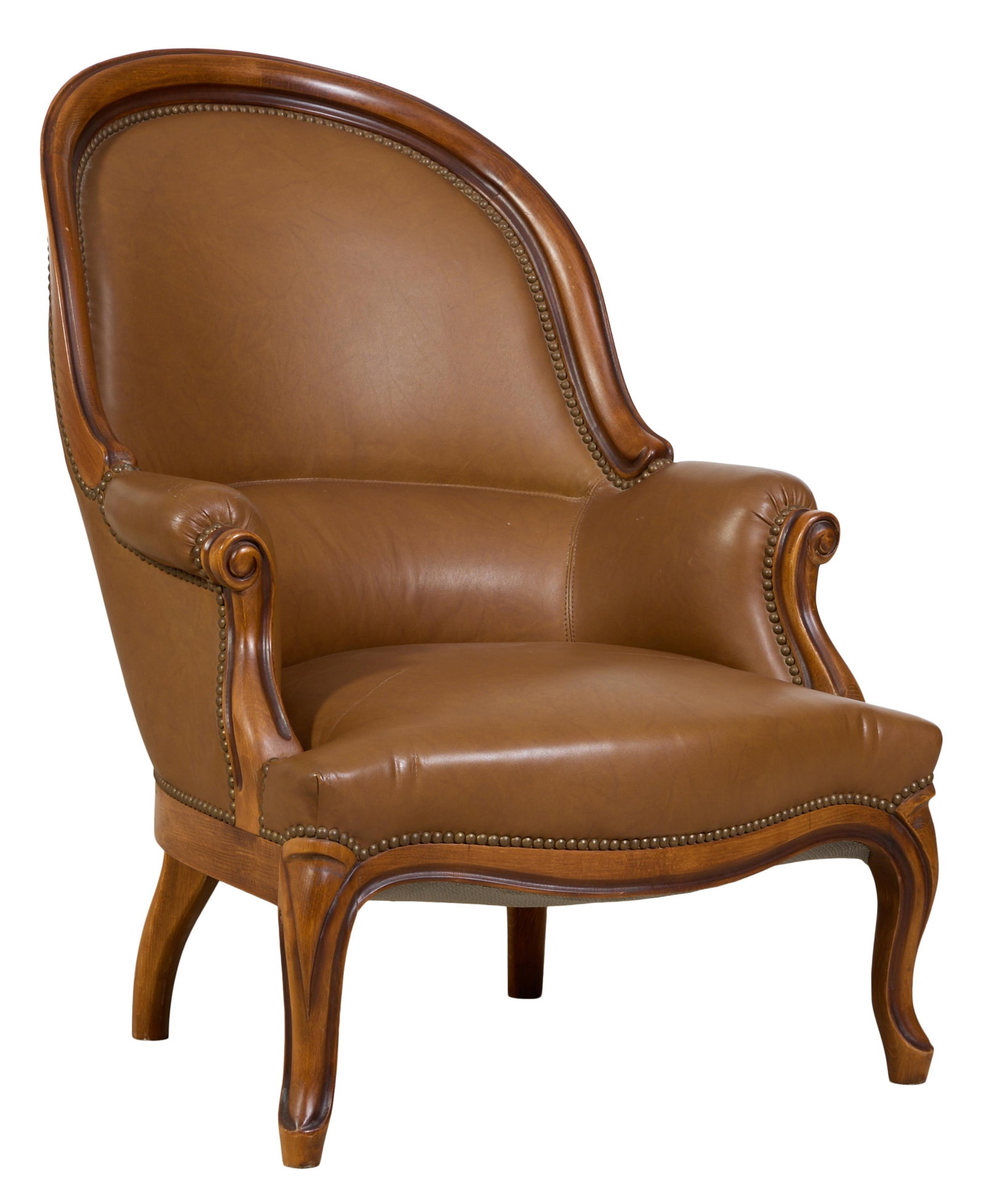 French Louis XV Style Cherry Bergere, mid 20th c., H.- 36 1/2 in., W.- 29 in., D.- 31 in.: French Louis XV Style Cherry Bergere, mid 20th c., the molded upholstered arched back into padded scrolled arms, serpentine seat rail joining cabriole legs, nailhead trim, H.- 36 1/2 in., W.- 29 in., 