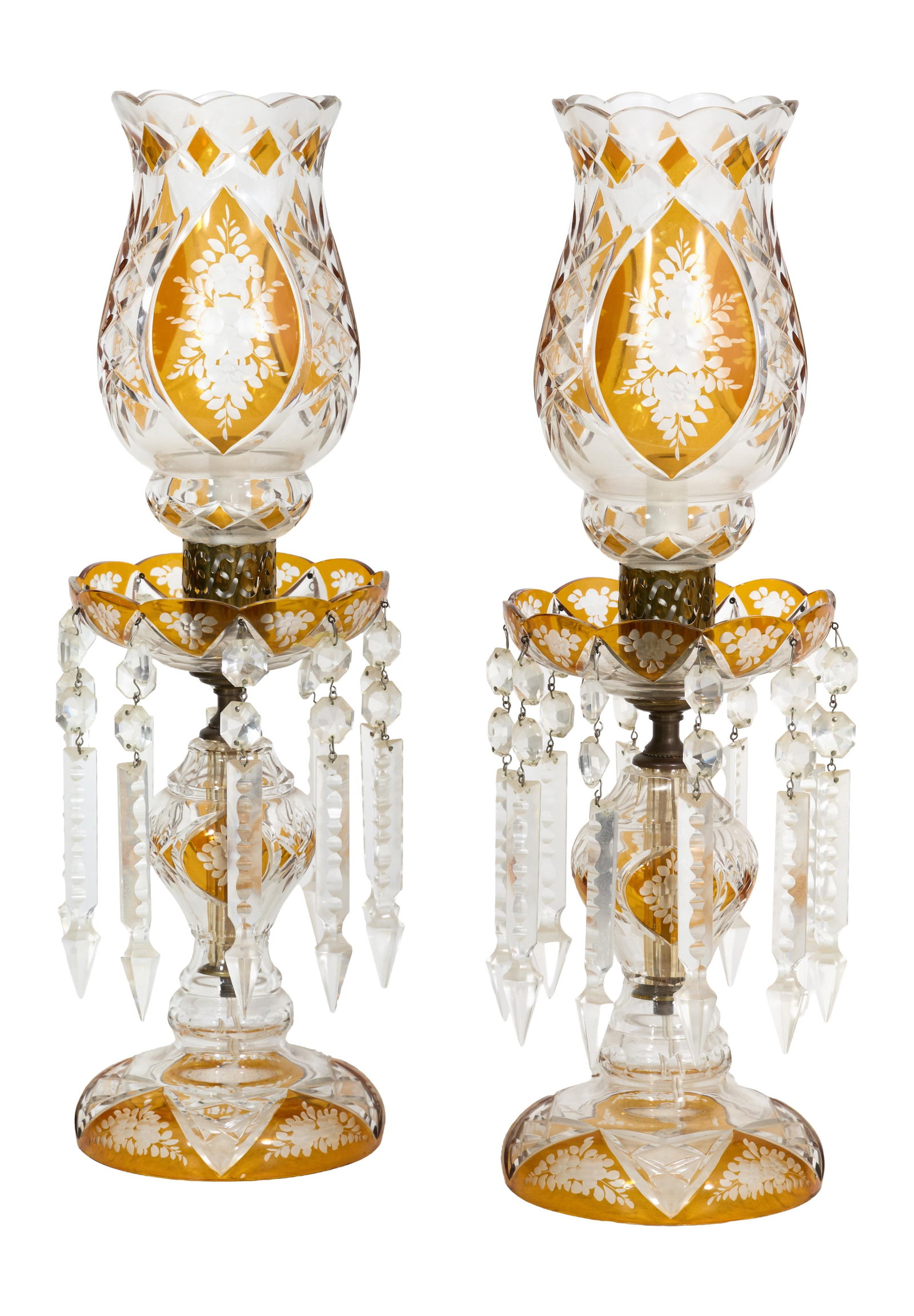 Pair of Amber Cut to Clear Glass Lusters, early 20th c., Each- H.- 20 in., Dia.- 6 in. (2 Pcs.) (1 of 2)