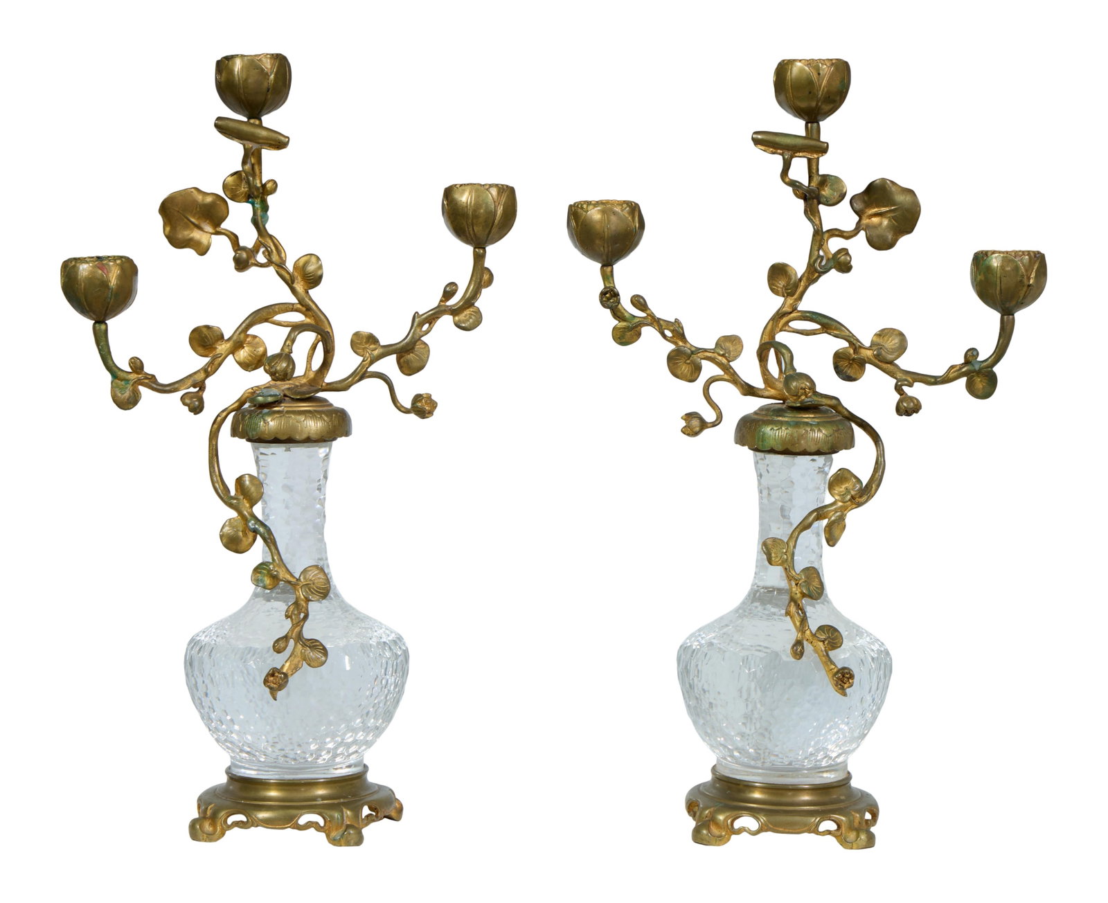 Pair of Edouard Enot Ormolu Mounted Four Light Glass and Bronze Candelabra, late 19th/early 20th c.,: Pair of Edouard Enot Ormolu Mounted Four Light Glass and Bronze Candelabra, late 19th/early 20th c., each mallet-form solid glass body with martele decoration, mounted by floriform bronze arms, each o