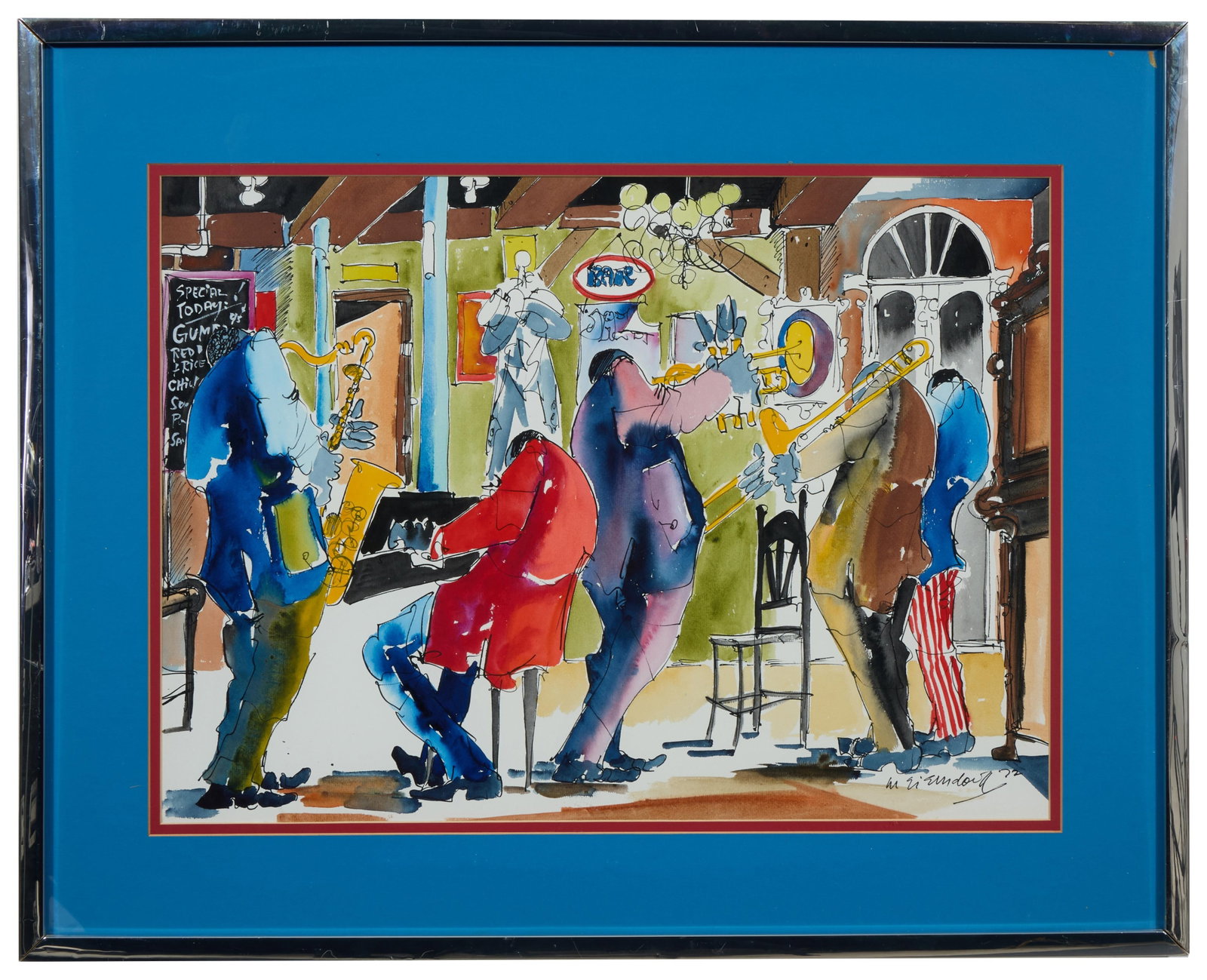 Leo Meiersdorff (German/New Orleans, 1934-1994), "Jazz Players," 1972, Sight- H.- 27 1/8 in., W.- 29: Leo Meiersdorff (German/New Orleans, 1934-1994), "Jazz Players," 1972, watercolor and ink on paper, signed and dated lower right, presented in a chrome clad wood frame, Sight- H.- 27 1/8 in., W.- 29 1