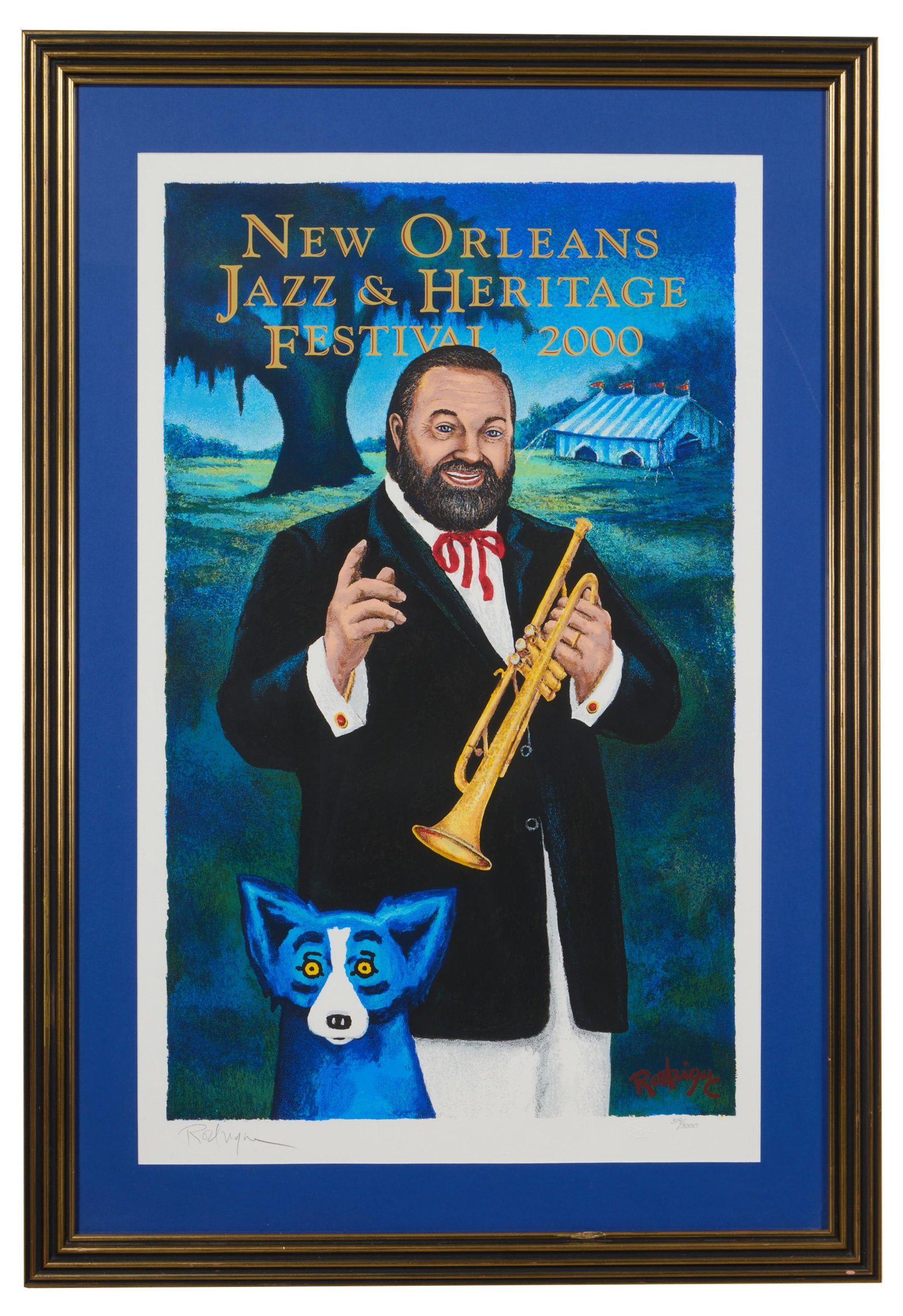George Rodrigue (American/Louisiana, 1944-2013), "Al Hirt and Blue Dog, New Orleans Jazz & Heritage: George Rodrigue (American/Louisiana, 1944-2013), "Al Hirt and Blue Dog, New Orleans Jazz & Heritage Festival Poster," 2000, offset color lithograph, signed in print, pencil signed lower left margin an