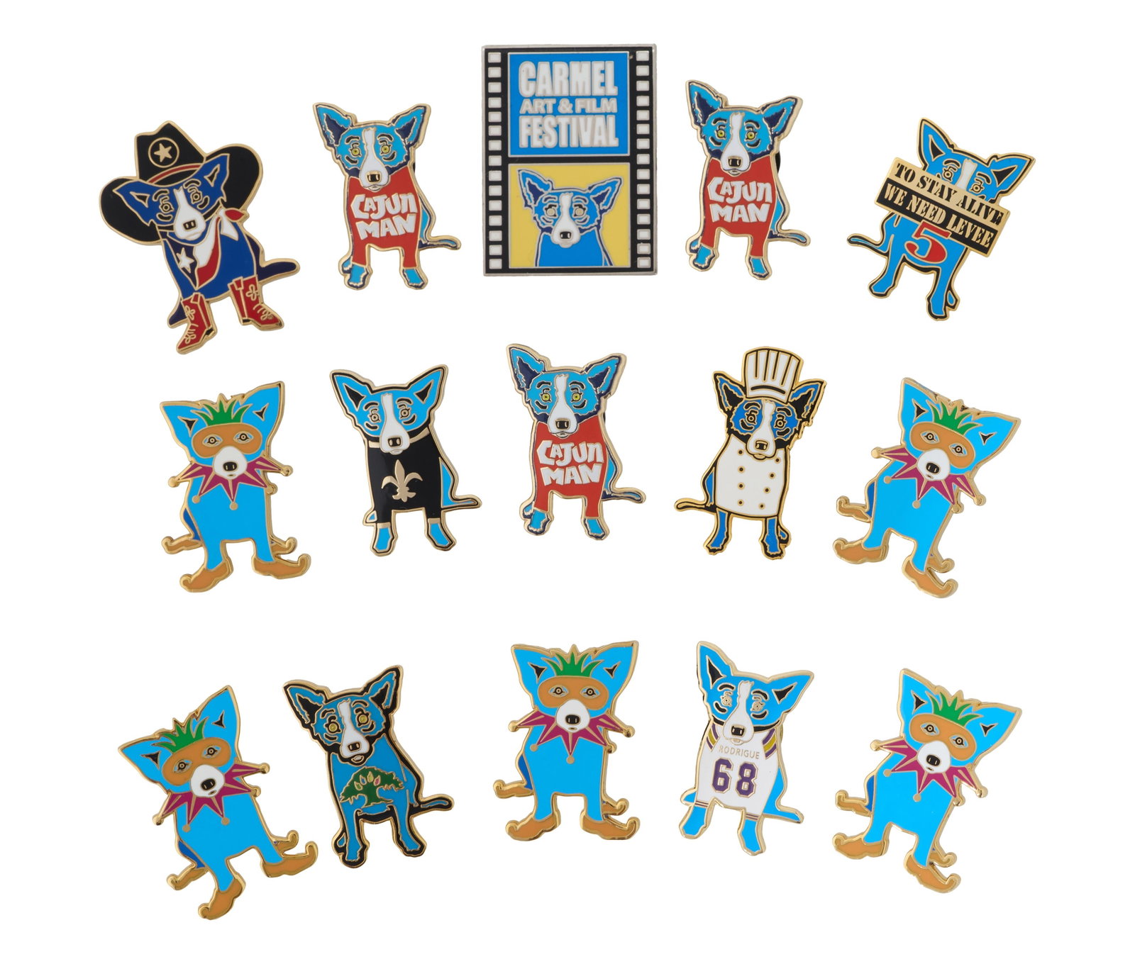 After George Rodrigue (American/Louisiana, 1944-2013), Group of Fifteen Enameled Brass Blue Dog (1 of 3)