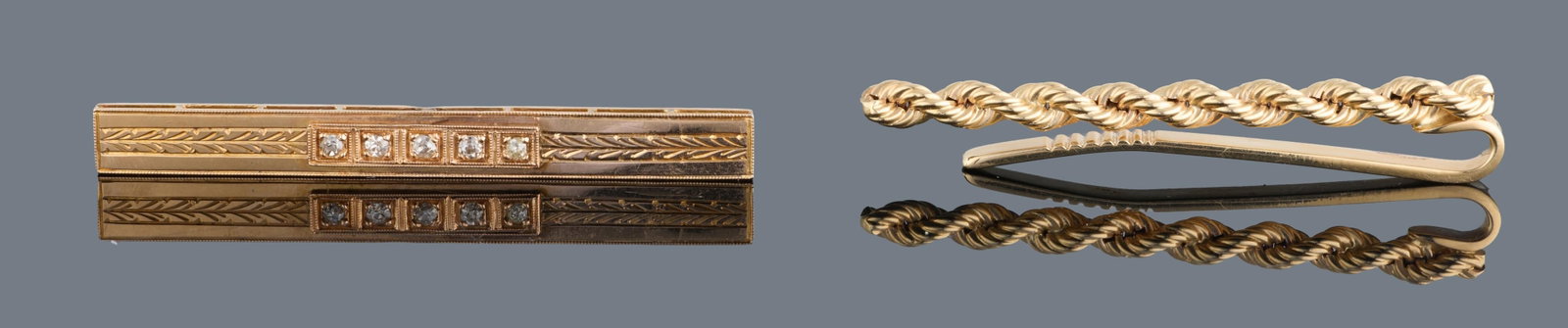 Two 14K Yellow Gold Articles, App. Total Diamond Wt.- 0.21 carats; App. Total Wt.- 10.7 grams;: Two 14K Yellow Gold Articles, consisting of a bar pin mounted with 5 small round white diamond; together with a rope-twist tie bar, App. Total Diamond Wt.- 0.21 carats; App. Total Wt.- 10.7 grams; Lon