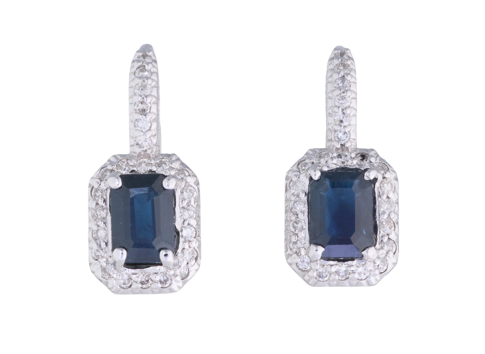 Pair of 14K White Gold Sapphire and Diamond Drop Earrings, App. Total Wt.- 5.5 grams, Each- H.- 3/4: Pair of 14K White Gold Sapphire and Diamond Drop Earrings, the emerald cut sapphire centers totaling approximately 3.62 carats, in conforming surrounds, with strip set shanks, the diamonds totaling ap