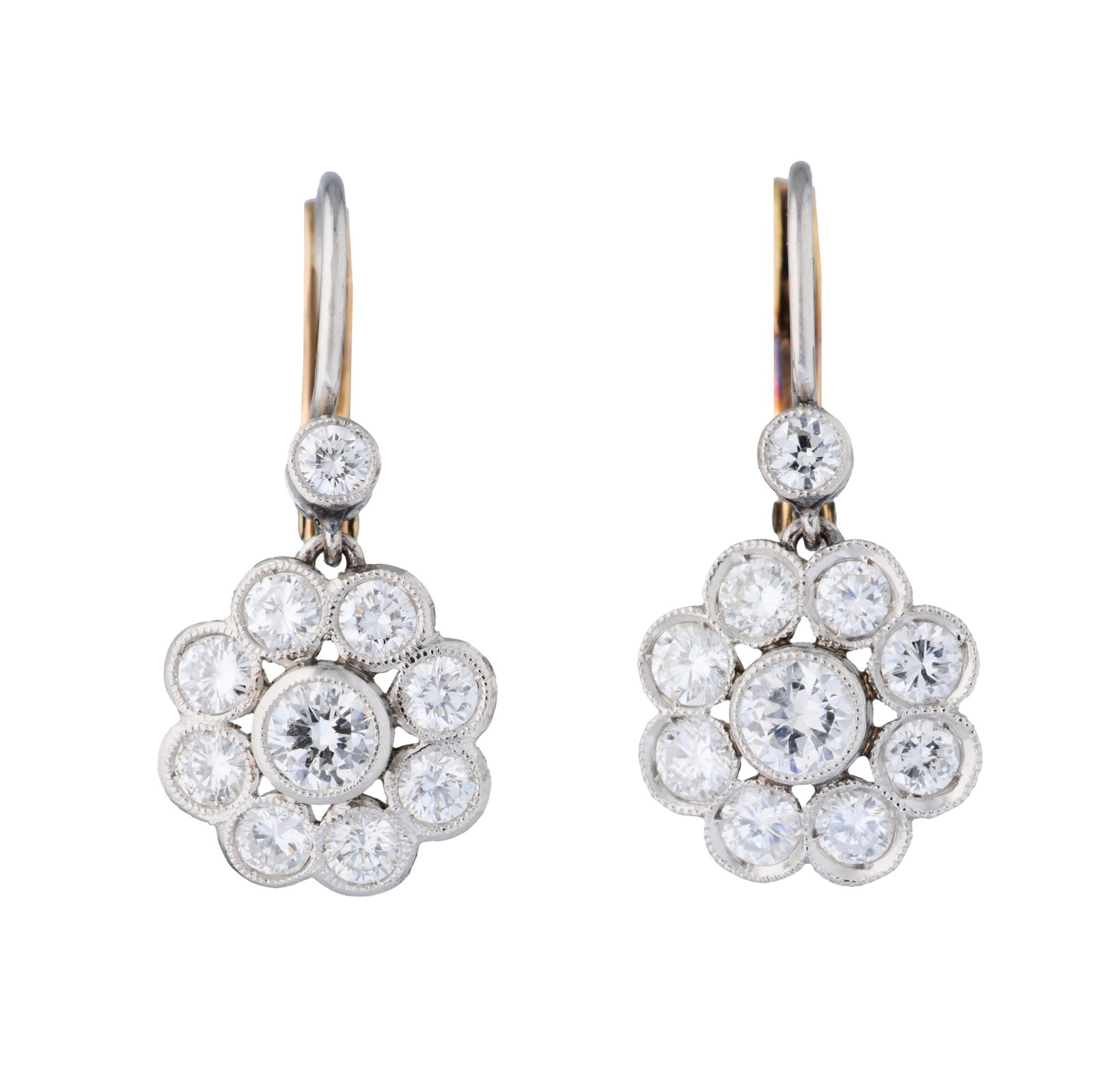 Pair of 14K White Gold Diamond Floriform Earrings, App. Total Diamond Wt.- 2.00 carats; App. Total: Pair of 14K White Gold Diamond Floriform Earrings, each mounted with 10 round white diamond, with lever backs, App. Total Diamond Wt.- 2.00 carats; App. Total Wt.- 3.3 grams; Each- H.- 1 in., W.- 3/8 