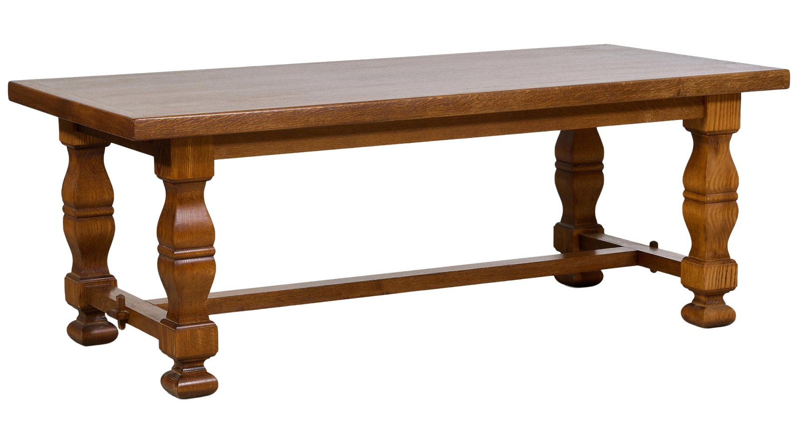French Louis XIV Style Oak Refectory Table, mid 20th c., H.- 30 in., W.- 78 3/4 in., D.- 37 3/4 in.: French Louis XIV Style Oak Refectory Table, mid 20th c., the thick rectangular top over robust vasiform legs, tenoned 'H' stretcher into blocks, shaped feet, H.- 30 in., W.- 78 3/4 in., D.- 37 3/4 in.