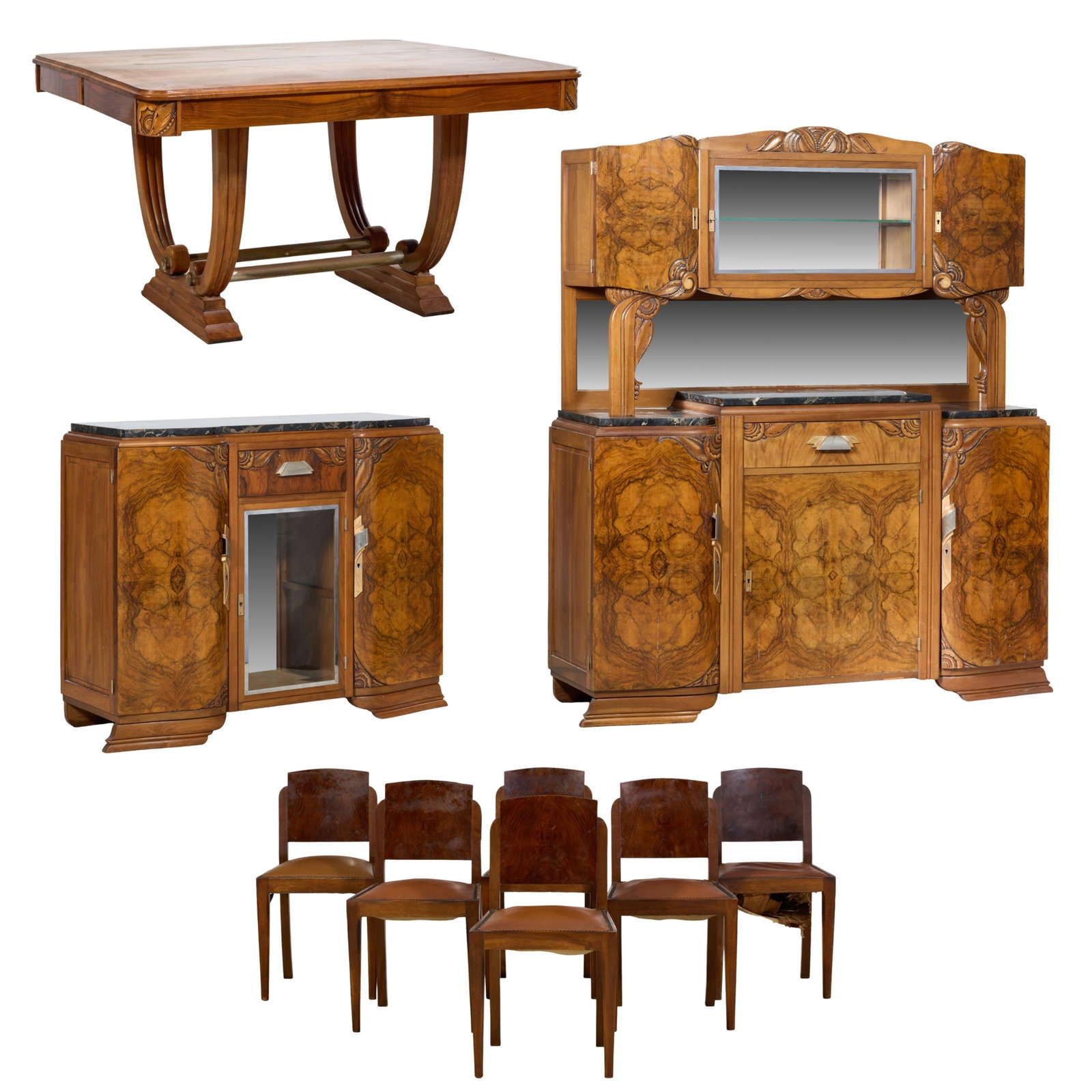 Nine Piece French Art Deco Burled Walnut Dining Group, early 20th c., Buffet- H.- 64 3/4 in., W.- 67 (1 of 13)