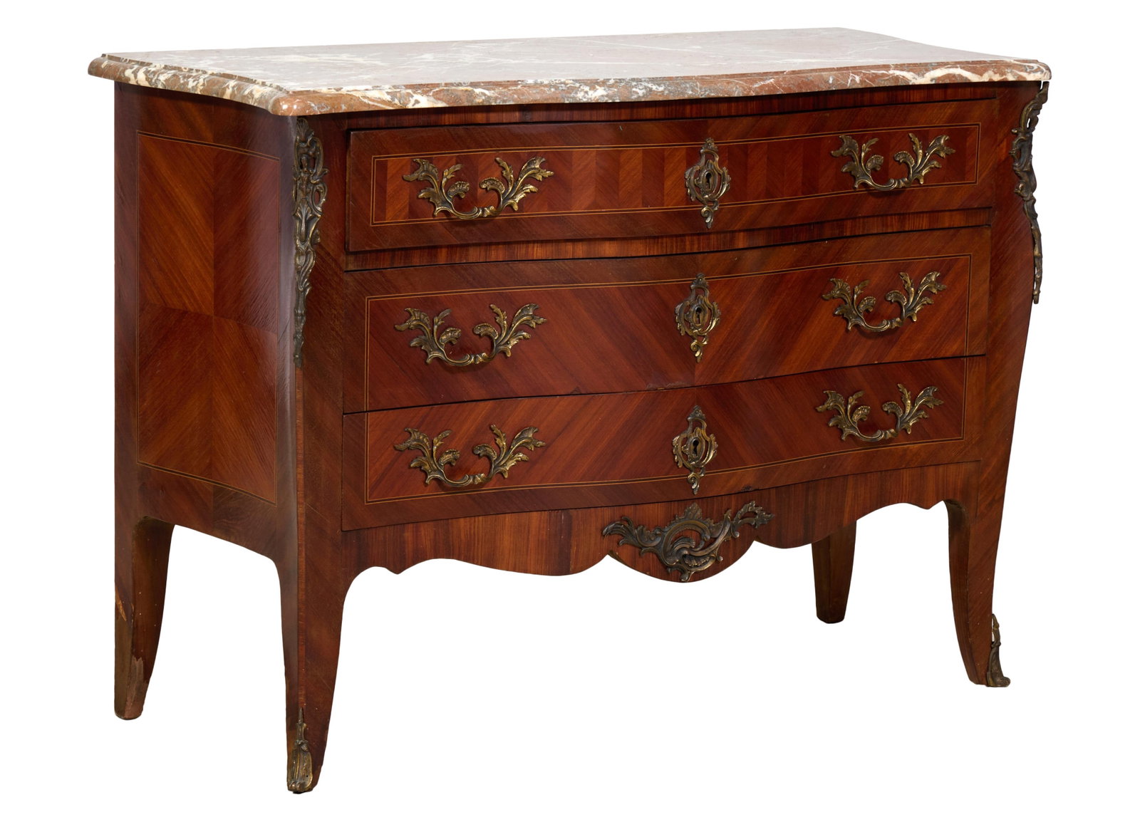 French Louis XV Style Marble Top Transitional Louis XV/XVI Parquetry Commode, late 19th c., H.- 34 (1 of 2)