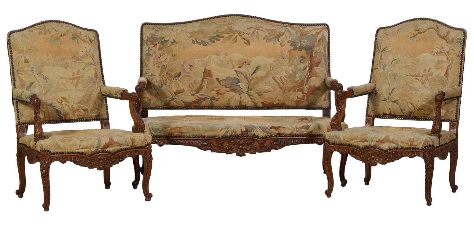 Three Piece French Louis XIV Style Needlepoint Carved Walnut Seating Group, mid 19th c., Settee- H.- (1 of 3)