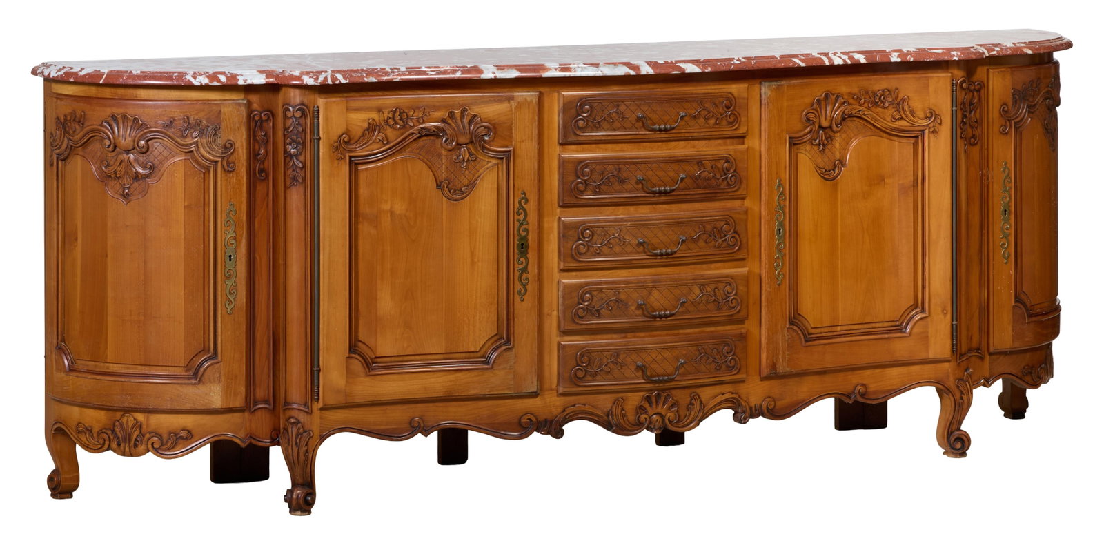 French Louis XV Style Marble Top Cherry Enfilade, mid 20th c., H.- 41 1/2 in., W.- 111 in., D.- 23 (1 of 2)