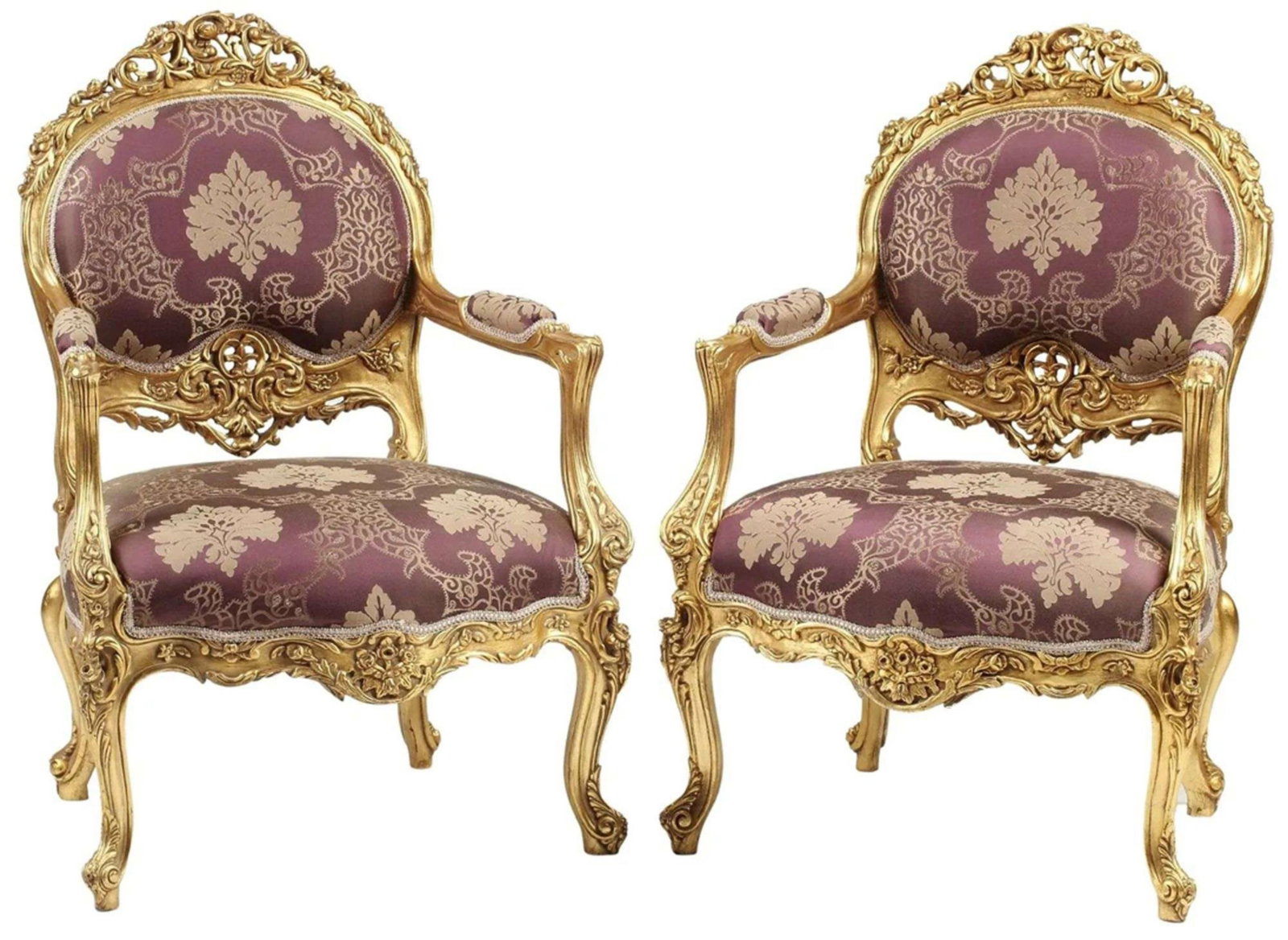Pair Louis XV Style Gilt Rococo Fauteuils, late 20th c., Each- H.- 41 in., W.- 27 in., D.- 26 in. (2 (1 of 4)