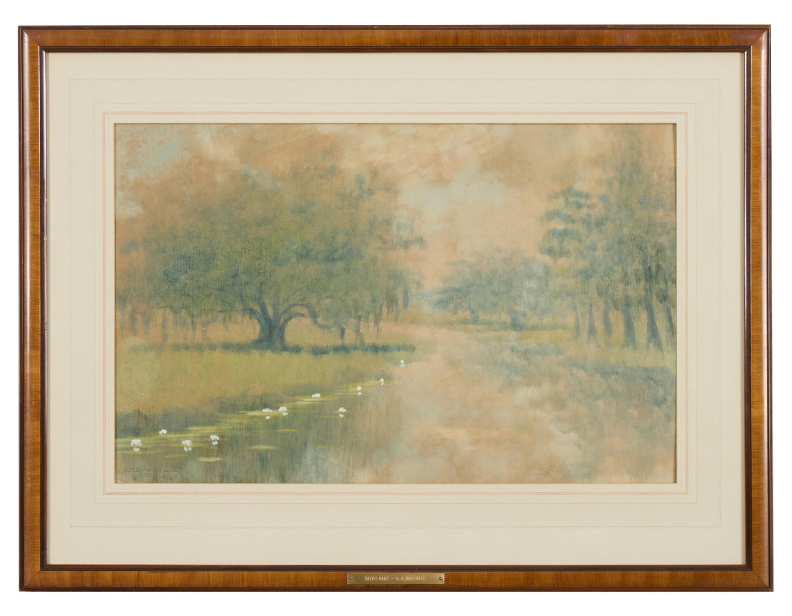 Alexander John Drysdale (American/Louisiana, 1870-1934), "Bayou Oaks and Waterlilies on the Bayou,": Alexander John Drysdale (American/Louisiana, 1870-1934), "Bayou Oaks and Waterlilies on the Bayou," 1922, oil wash on board, signed and dated in pencil lower left, presented in a wood frame, Sight- H.