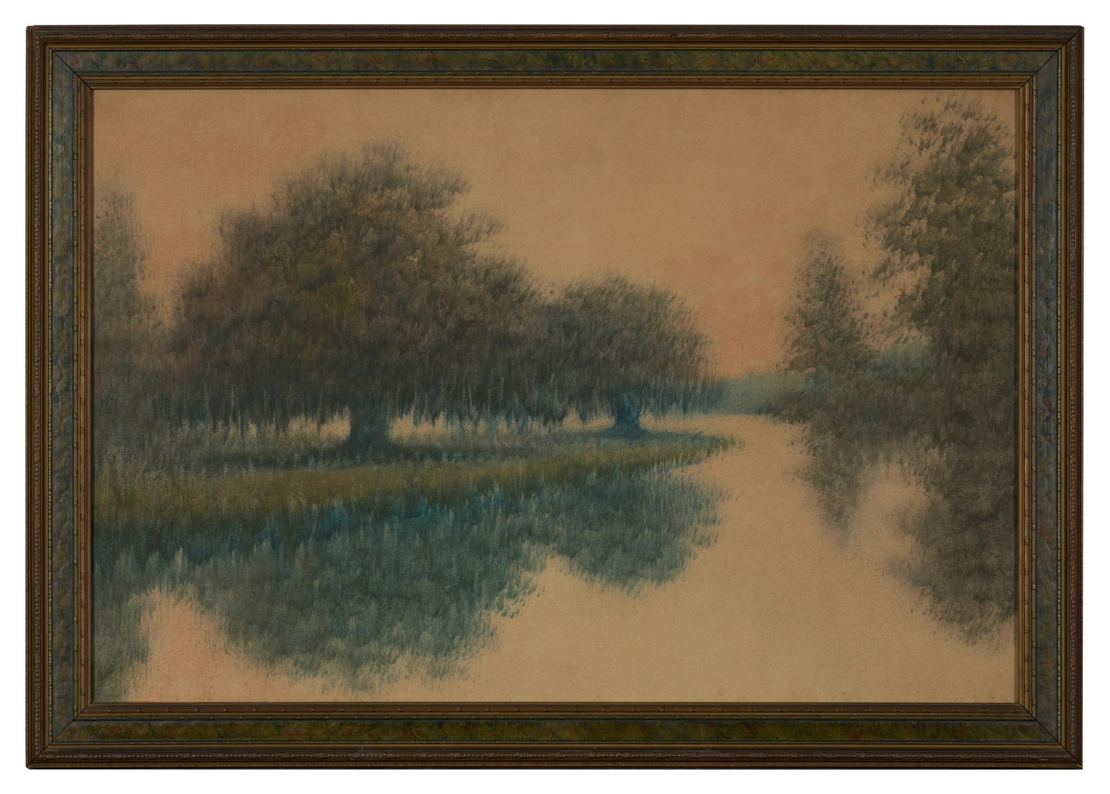 Alexander John Drysdale (American/Louisiana, 1870-1934), "Live Oaks Reflected on Bayou," Sight- H.-: Alexander John Drysdale (American/Louisiana, 1870-1934), "Live Oaks Reflected on Bayou," oil wash on board, faintly signed lower left, presented in a wood frame, Sight- H.- 19 3/8 in., W.- 29 3/8 in.,