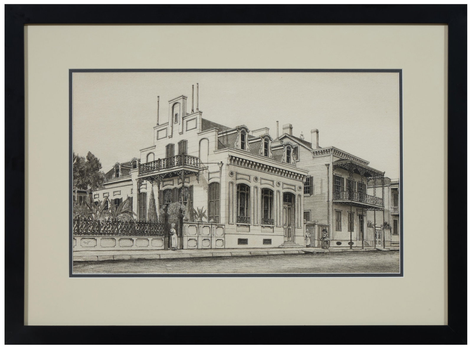 Jim Blanchard (American/Louisiana, b. 1955), "Avet Mansion," 1984, Sight- H.- 12 1/2 in., W.- 20 1/2: Jim Blanchard (American/Louisiana, b. 1955), "Avet Mansion," 1984, ink and ink wash on paper, signed and dated lower left, presented in a black frame, Sight- H.- 12 1/2 in., W.- 20 1/2 in., Framed- H.