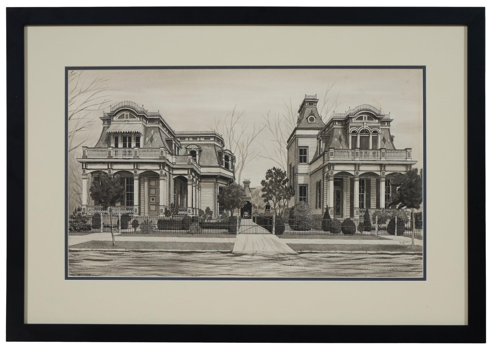 Jim Blanchard (American/Louisiana, b. 1955), "Dunbar Houses," 1983, Sight- H.- 14 3/8 in., W.- 24: Jim Blanchard (American/Louisiana, b. 1955), "Dunbar Houses," 1983, ink and ink wash on paper, signed and dated lower right, presented in a black frame, Sight- H.- 14 3/8 in., W.- 24 1/2 in., Framed- 
