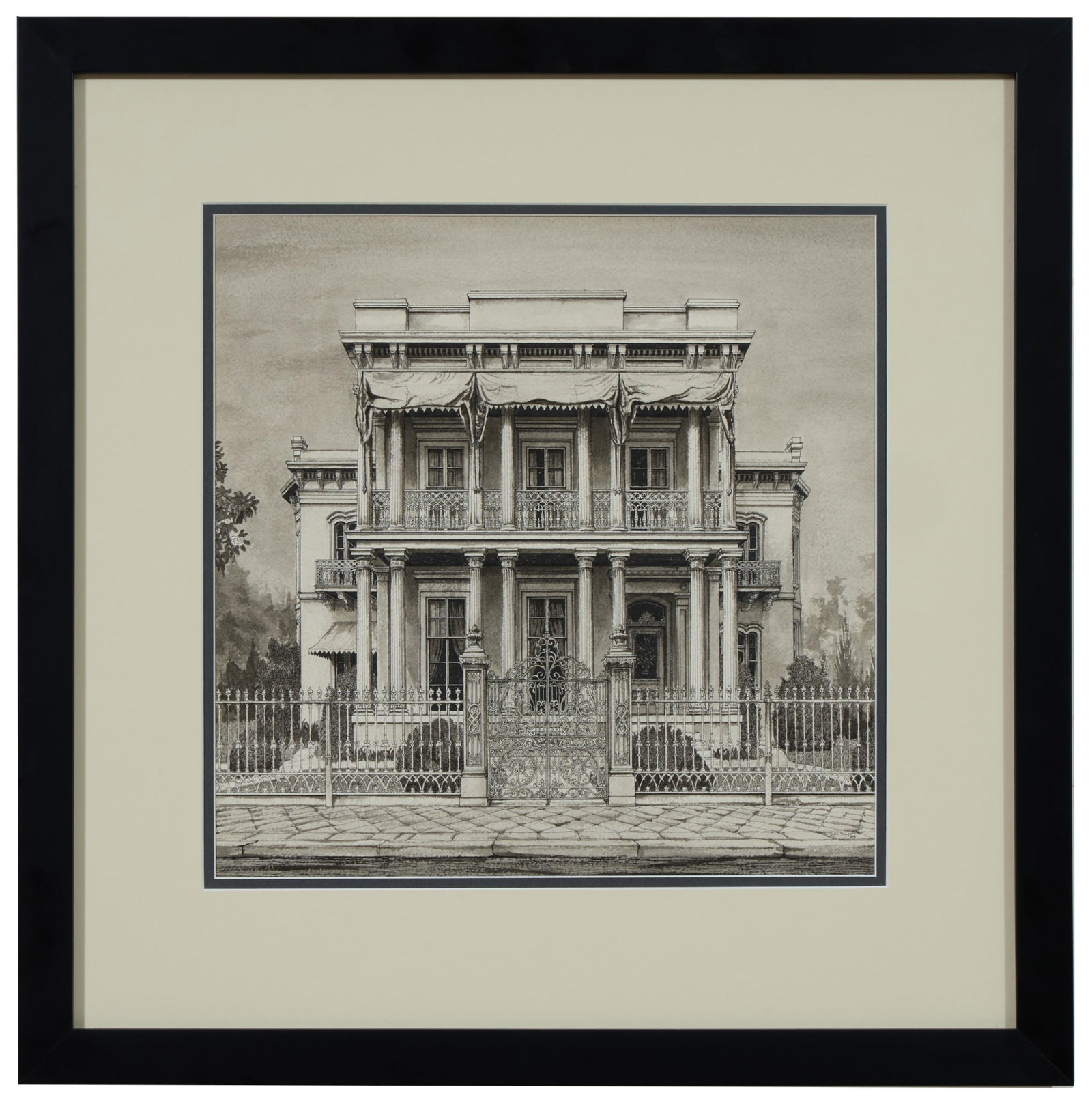Jim Blanchard (American/Louisiana, b. 1955), "Cyprien Dufour House," 1984, Sight- H.- 14 3/8 in.,: Jim Blanchard (American/Louisiana, b. 1955), "Cyprien Dufour House," 1984, ink and ink wash on paper, signed and dated lower right, presented in a black frame, Sight- H.- 14 3/8 in., W.- 14 3/8 in., F