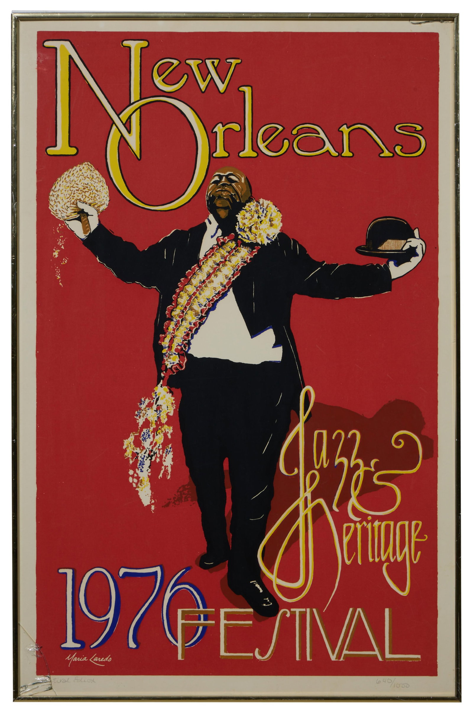 Maria Laredo (American/New Orleans, b. 1948), "New Orleans Jazz & Heritage Festival Poster with Fats: Maria Laredo (American/New Orleans, b. 1948), "New Orleans Jazz & Heritage Festival Poster with Fats Houston," 1976, color lithograph on paper, unsigned, inscribed "Festival edition" and numbered " 64