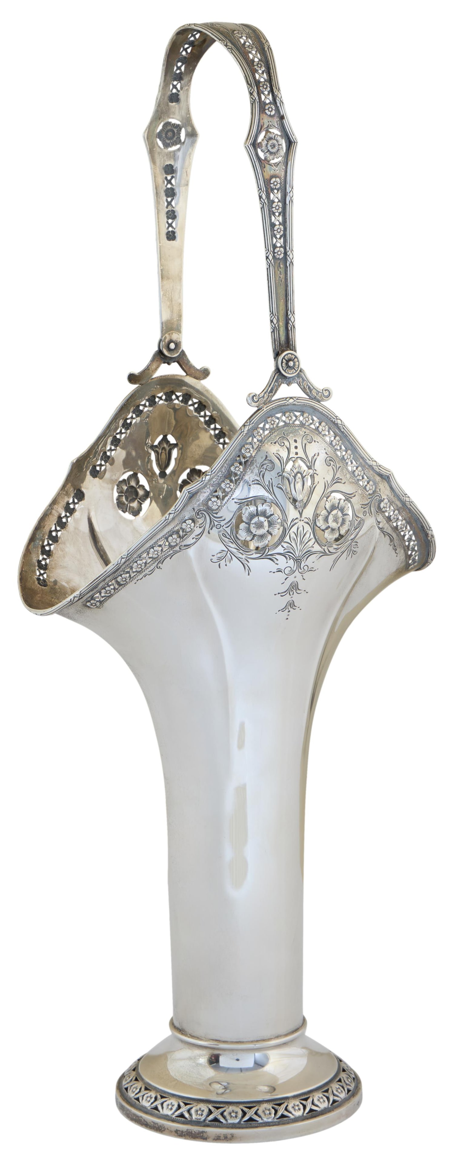 Sterling Art Nouveau Relief Floral Basket Vase, early 20th c., H.- 19 in., W.- 7 in., D.- 4 in.;: Sterling Art Nouveau Relief Floral Basket Vase, early 20th c., with pierced and repousse floral decoration, chased scroll work, folding handle of like decoration, H.- 19 in., W.- 7 in., D.- 4 in.; App