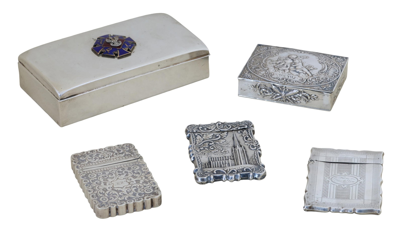 Group of Five Silver Cases, 19th/20th c., Largest- H.- 1 1/2 in., W.- 6 1/4 in., D.- 3 3/8 in. (5 (1 of 7)