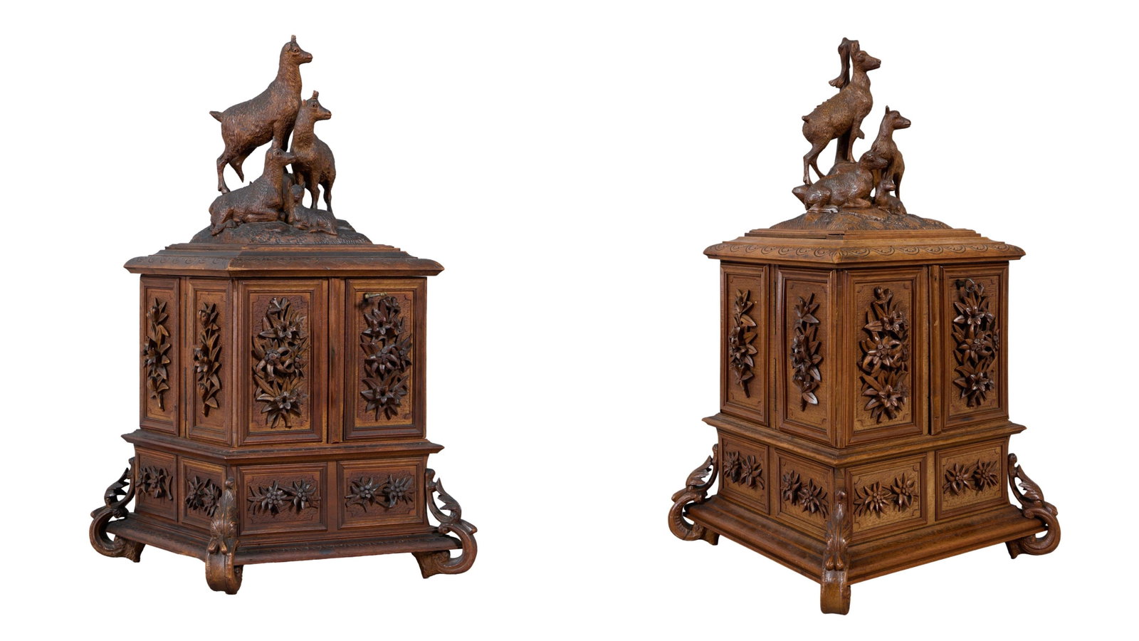 Pair of Unusual Large Black Forest Figural Carved Walnut Jewelry Caskets, late 19th c., Each- H.- 23 (1 of 13)