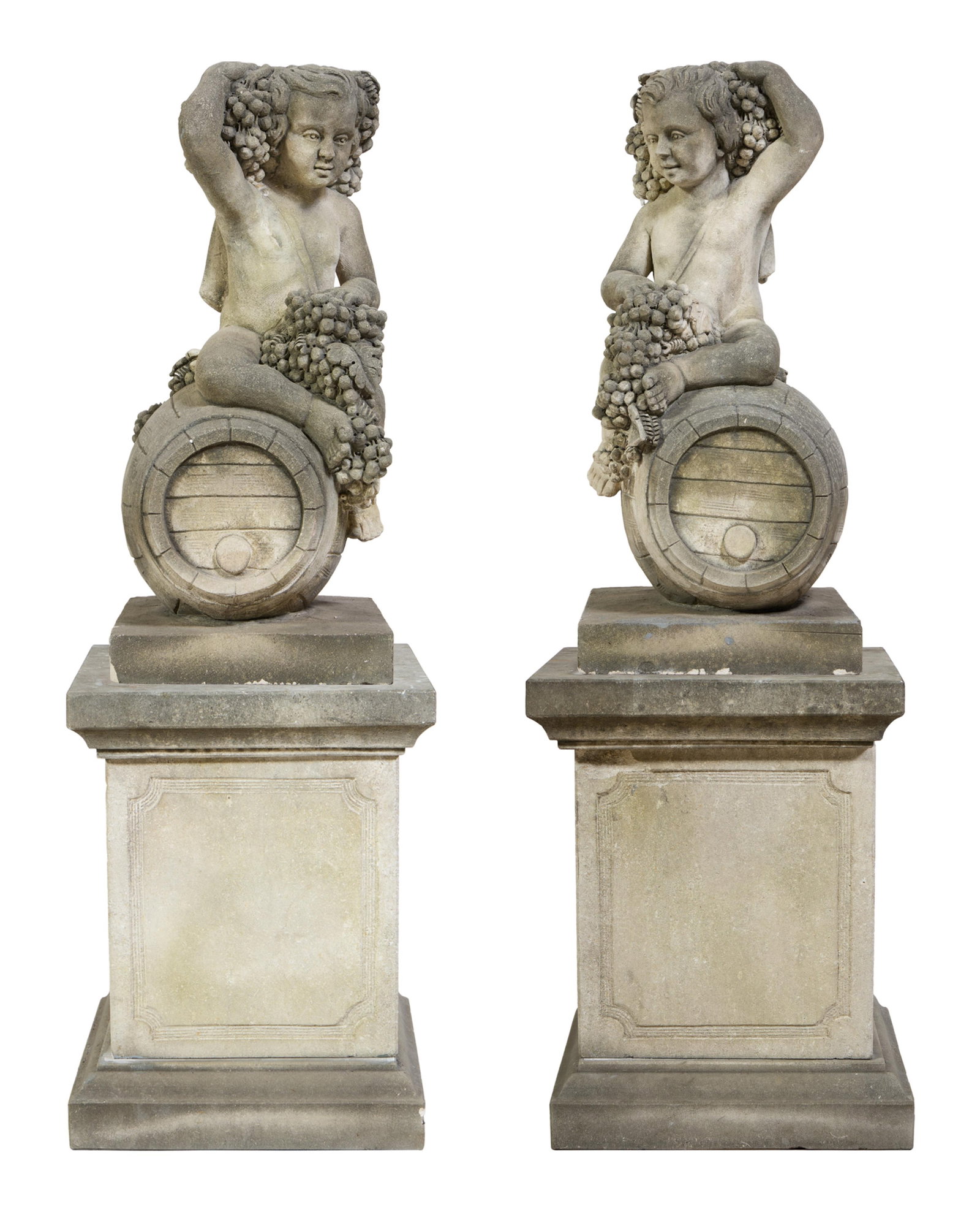 Pair of Bacchus Cast Stone Garden Sculptures on Plinths, 20th c., Statue- H.- 36 in., W.- 16 in., (1 of 9)