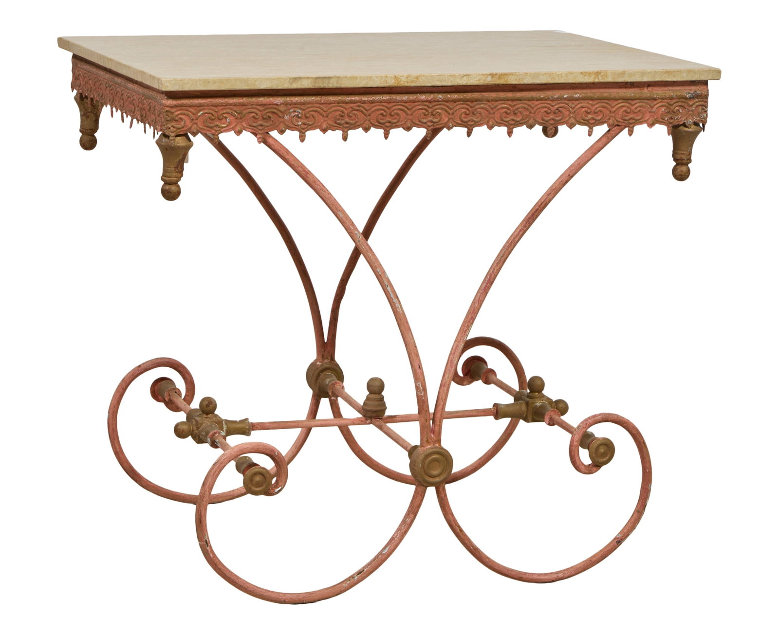 Parisian Style Stone Top Metal Bakers Table, 21st c., H.- 32 in., W.- 35 1/2 in., D.- 23 3/4 in. (1 of 2)