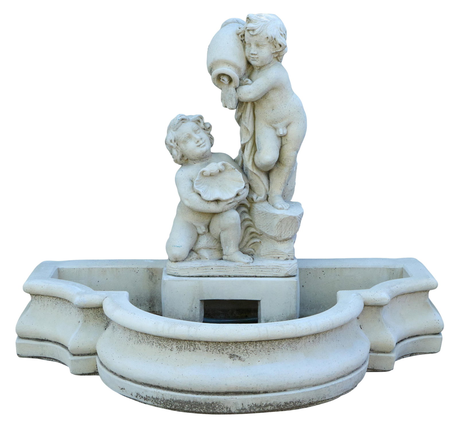 Cast Stone Putti Garden Fountain with Basin, 20th c., Statue- H.- 34 1/2 in., W.- 18 in., D.- 11 in. (1 of 2)