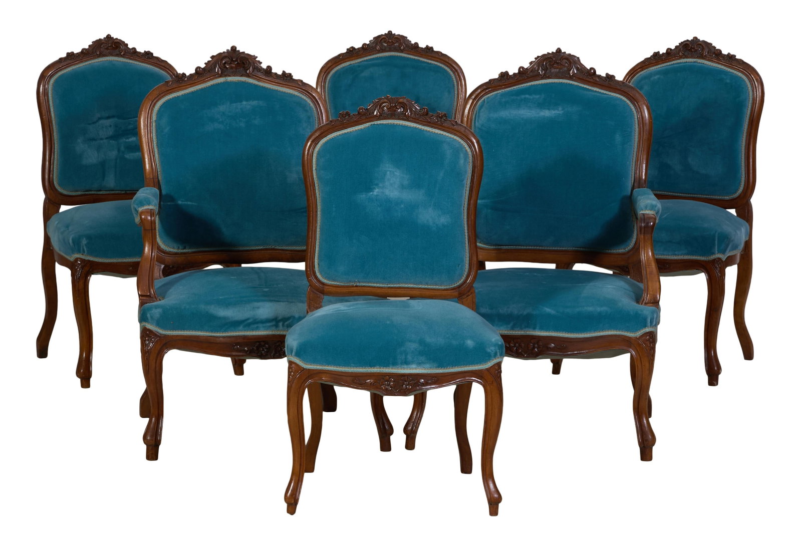Set of Six French Louis XV Style Carved Walnut Chairs, late 19th c., Fauteuil- H.- 38 3/8 in., W.-: Set of Six French Louis XV Style Carved Walnut Chairs, late 19th c., including two fauteuil and four side chairs, upholstered backs with carved foliate scroll crest, padded arms, carved seat rail join