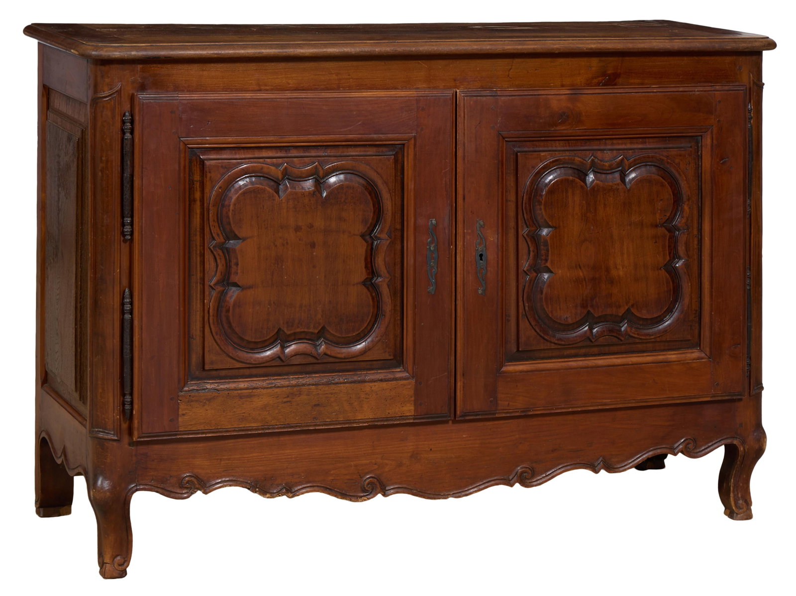 French Louis XV Style Walnut Sideboard, mid 19th c., H.- 33 1/4 in., W.- 49 1/4 in., D.- 17 1/2 in.: French Louis XV Style Walnut Sideboard, mid 19th c., the rectangular top with rounded corners, two raised panel doors, spurred apron joining cabriole legs, H.- 33 1/4 in., W.- 49 1/4 in., D.- 17 1/2 i