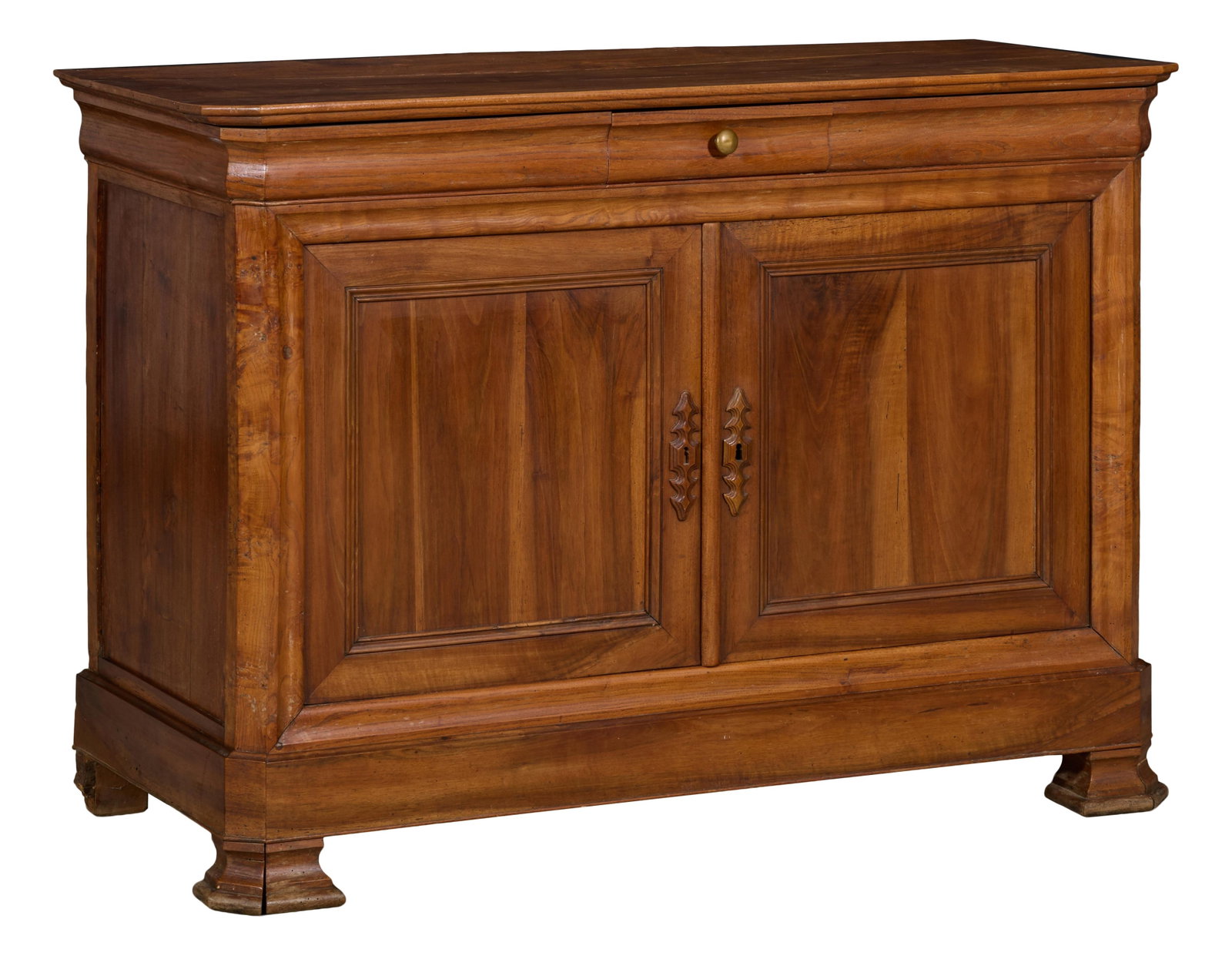 French Louis Philippe Walnut Sideboard, mid 19th c., H.- 40 in., W.- 55 1/4 in., D.- 24 1/2 in.: French Louis Philippe Walnut Sideboard, mid 19th c., the rectangular top with canted corners, small central cyma frieze drawer, molded base and shaped feet, H.- 40 in., W.- 55 1/4 in., D.- 24 1/2 in.