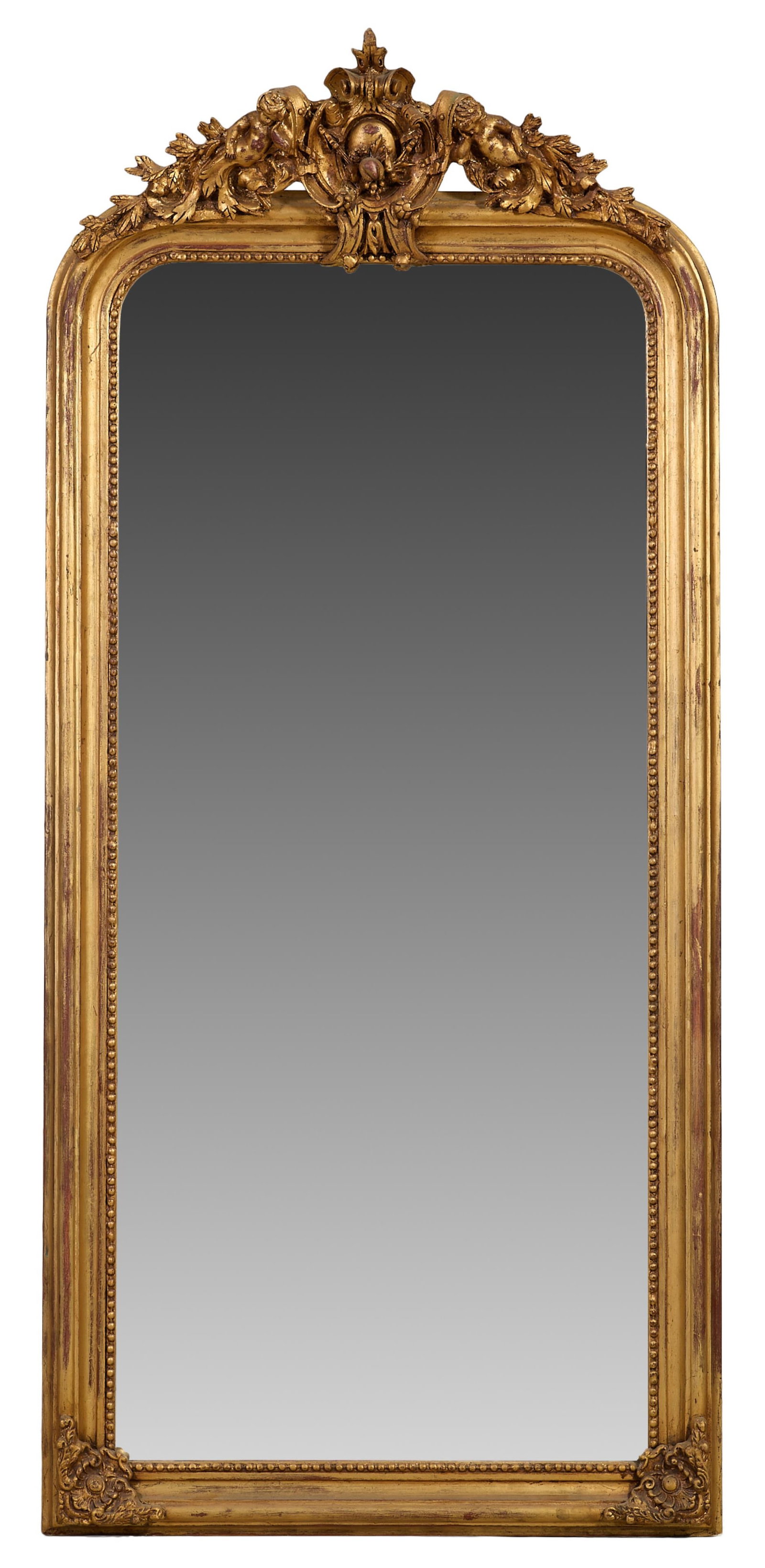 Louis Phillipe Style Overmantel Mirror, 21st c., H.- 78 in., W.- 36 in.: Louis Phillipe Style Overmantel Mirror, 21st c., pierced cabochon shield crest flanked by putti, moulded surround, beaded inner liner, H.- 78 in., W.- 36 in.