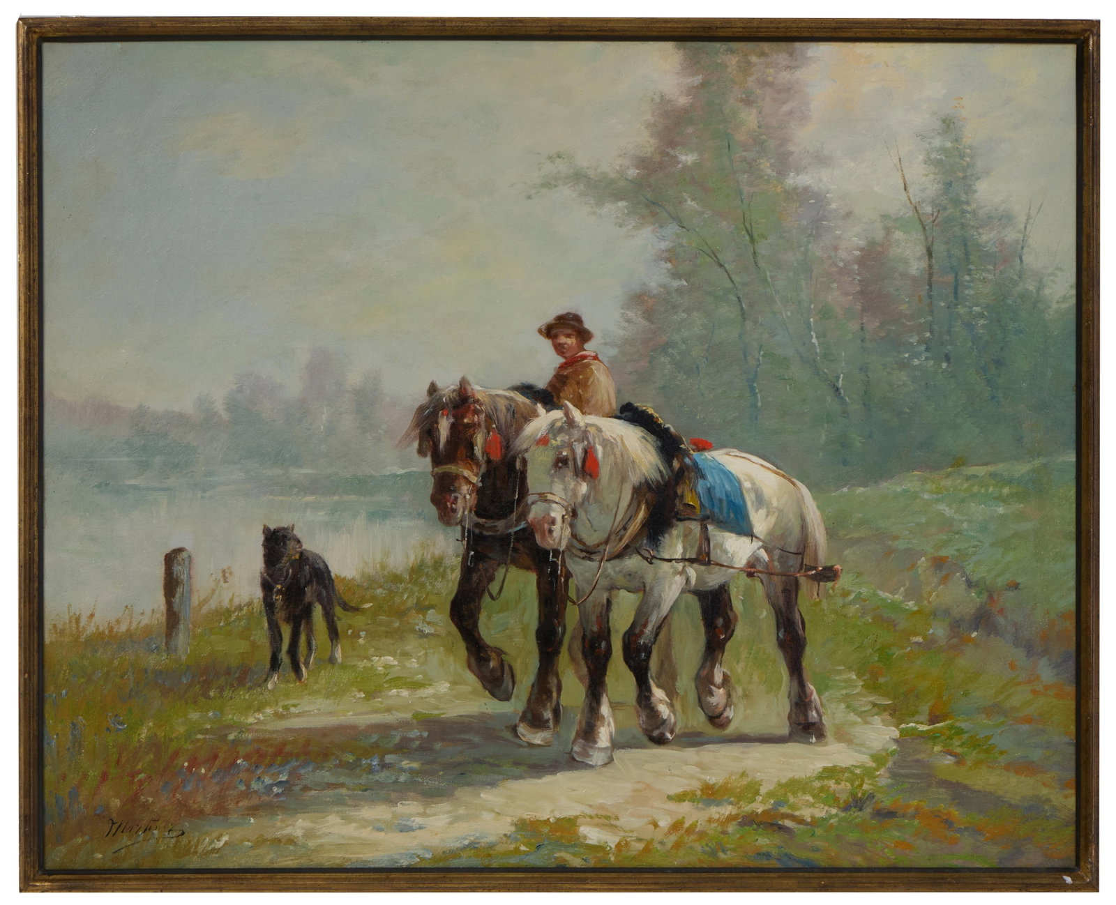 Edmond Joseph de Pratere (Belgian, 1826-1888), "Team of Horses and Dog," H.- 25 in., W.- 31 1/4 in.,: Edmond Joseph de Pratere (Belgian, 1826-1888), "Team of Horses and Dog," oil on canvas, signed lower left, gallery info on artist en verso, H.- 25 in., W.- 31 1/4 in., Framed- H.- 26 1/2 in., W.- 32 5