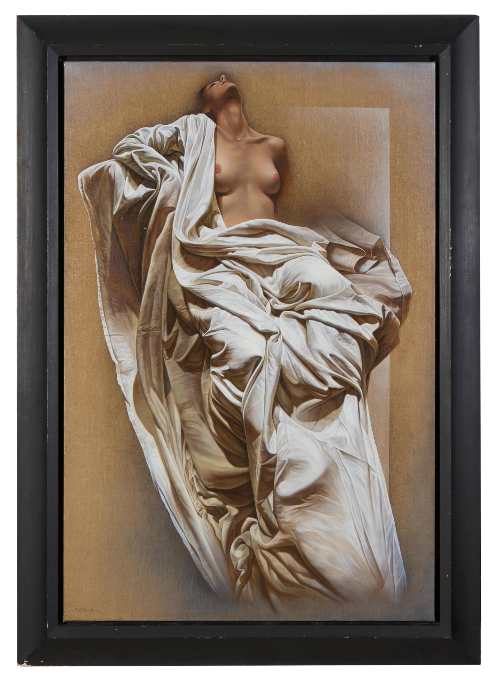 Claude Le Boul (French, b. 1947), "Waiting (En Attendant), Reclining Female Nude," H.- 57 1/2 in.,: Claude Le Boul (French, b. 1947), "Waiting (En Attendant), Reclining Female Nude," oil on canvas, signed lower left "C. LeBoul", titled verso, H.- 57 1/2 in., W.- 38 1/8 in., Framed- H.- 67 in., W.- 4