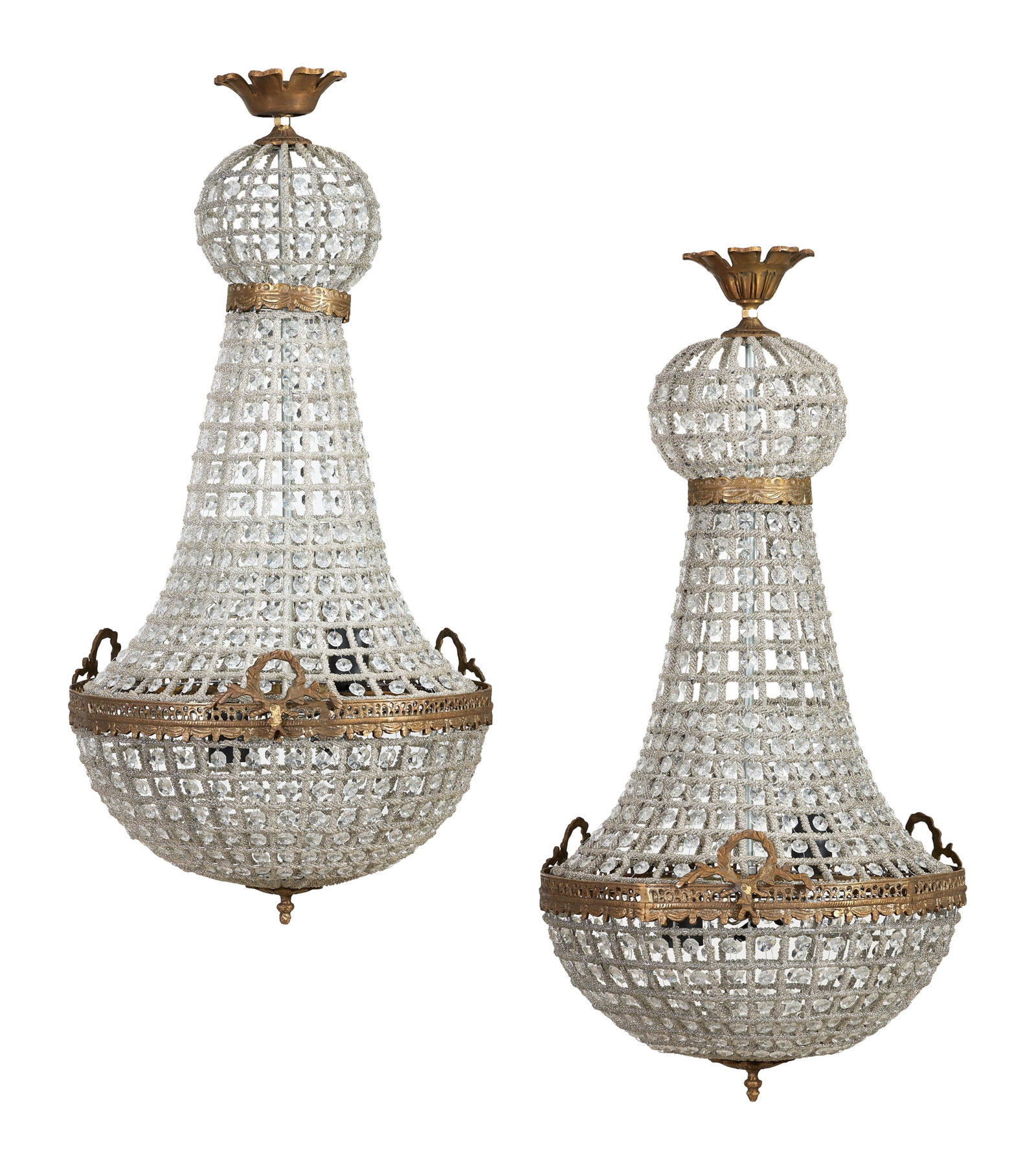 Pair of Basket Form Crystal Chandeliers, 21st c., Each- H.- 33 in., Dia.- 16 in. (2 Pcs.) (1 of 3)