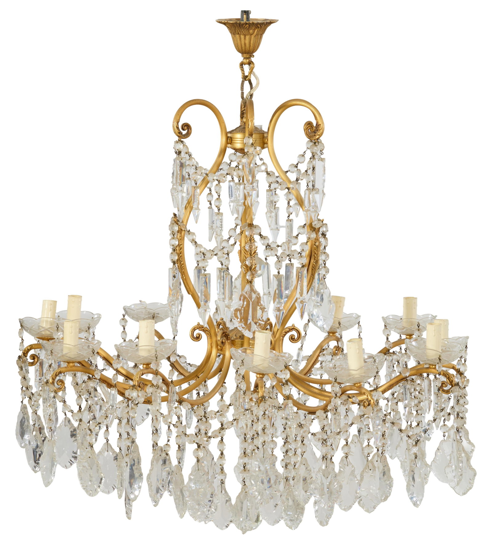French Louis XVI Style Gilt Metal Crystal Chandelier, mid 20th c., H.- 36 in., Dia.- 32 in. (1 of 1)