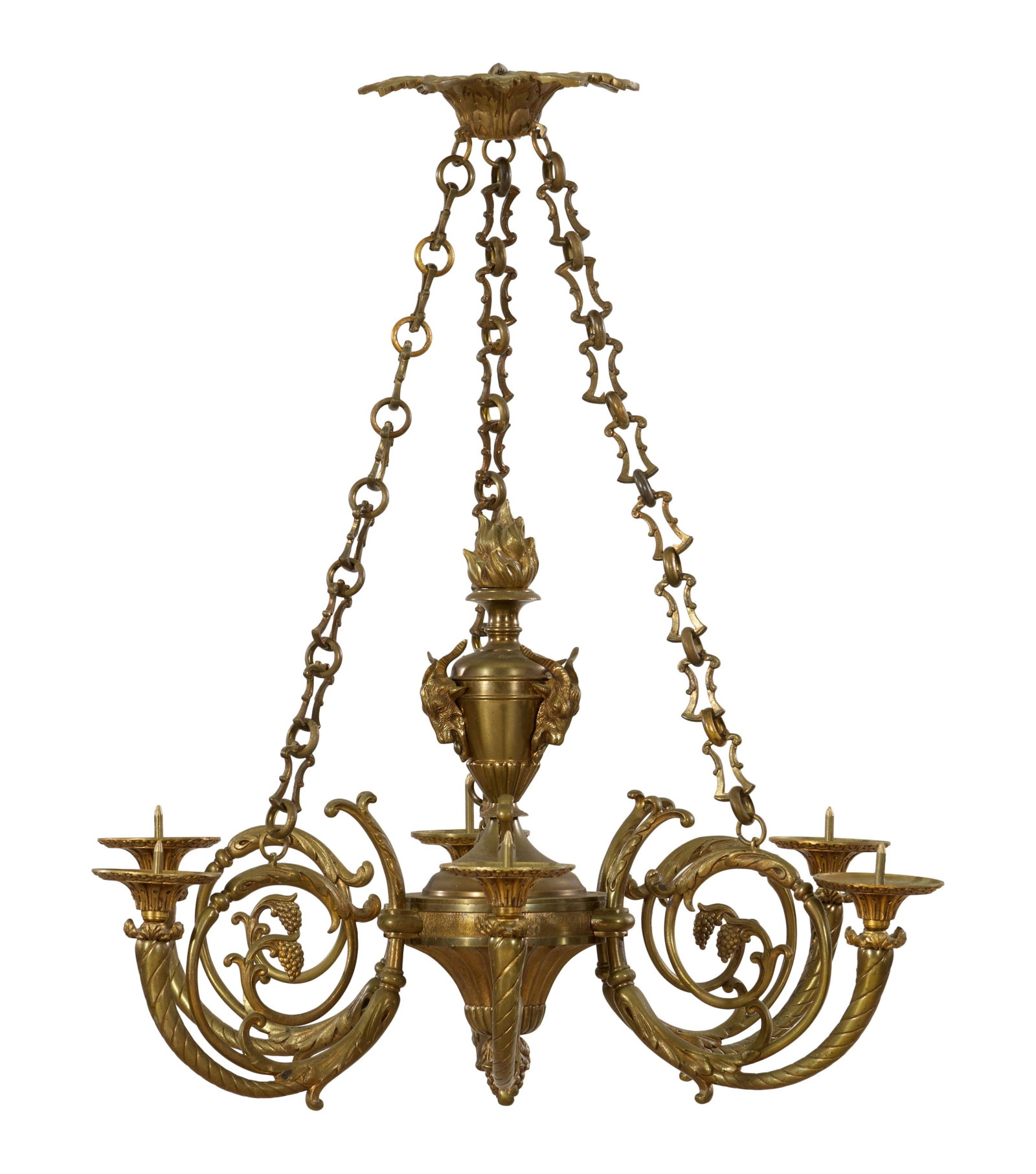 French Empire Style Four Light Bronze Chandelier, early 20th c., H.- 21 in., Dia.- 24 in. (1 of 2)