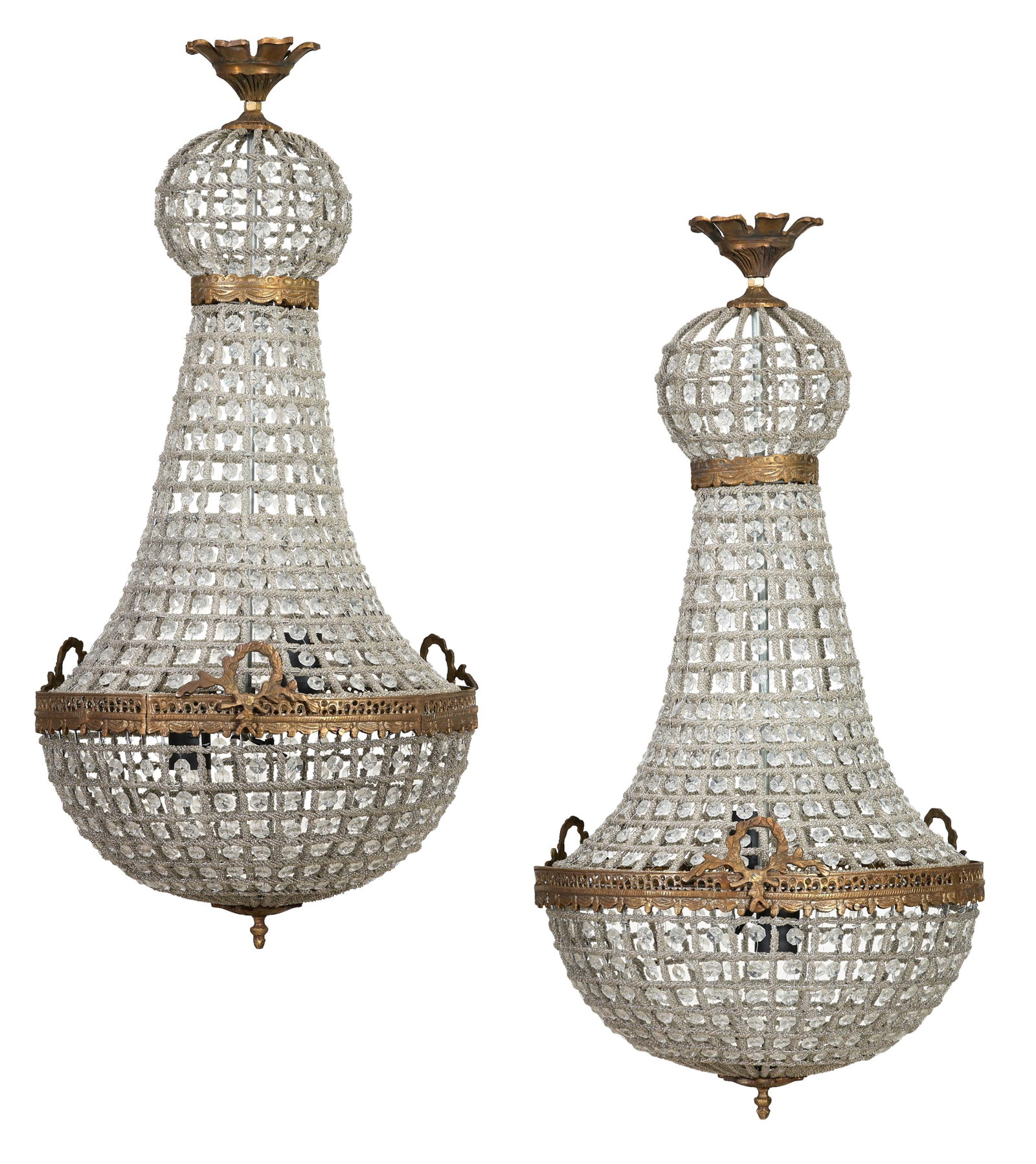 Pair of Basket Form Crystal Chandeliers, 21st c., Each- H.- 33 in., Dia.- 16 in. (2 Pcs.) (1 of 3)