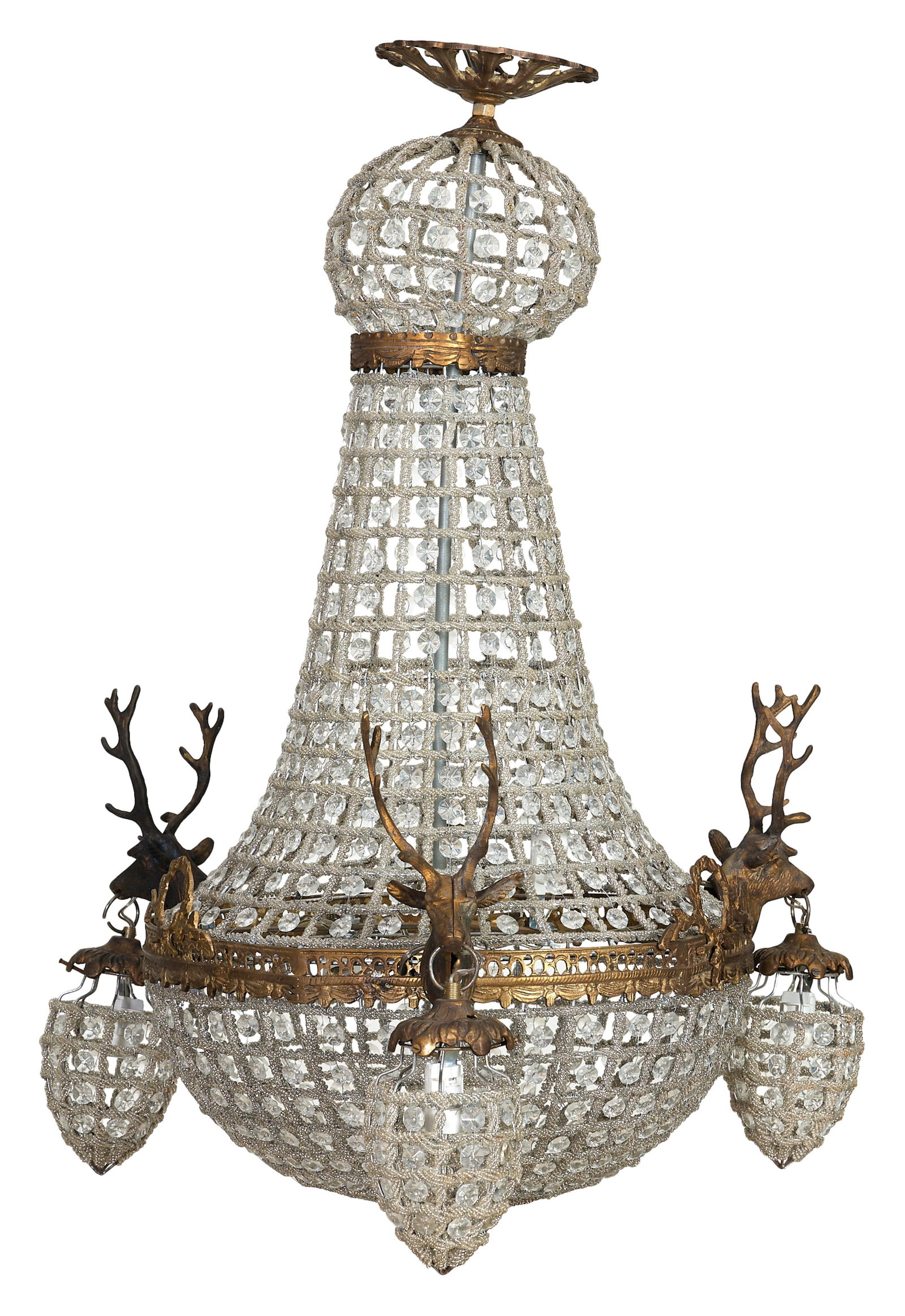 Crystal Iron and Brass Double Globe Basket Chandelier, 21st c., H.- 33 in., Dia.- 22 in. (1 of 2)