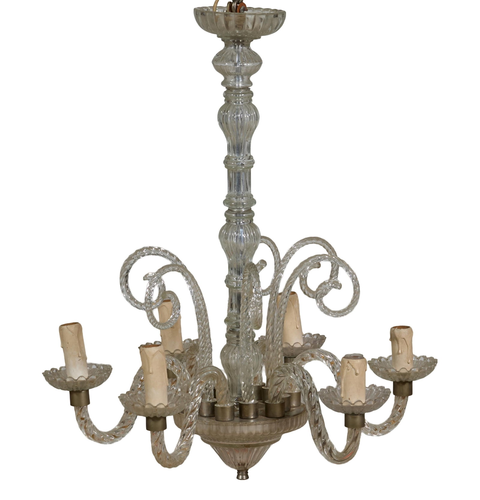 French Art Nouveau Glass Six Light Chandelier, 20th c., H.- 23 in., Dia.- 18 1/2 in.: French Art Nouveau Glass Six Light Chandelier, 20th c., with six curved glass arms, with canopy and chain, H.- 23 in., Dia.- 18 1/2 in.