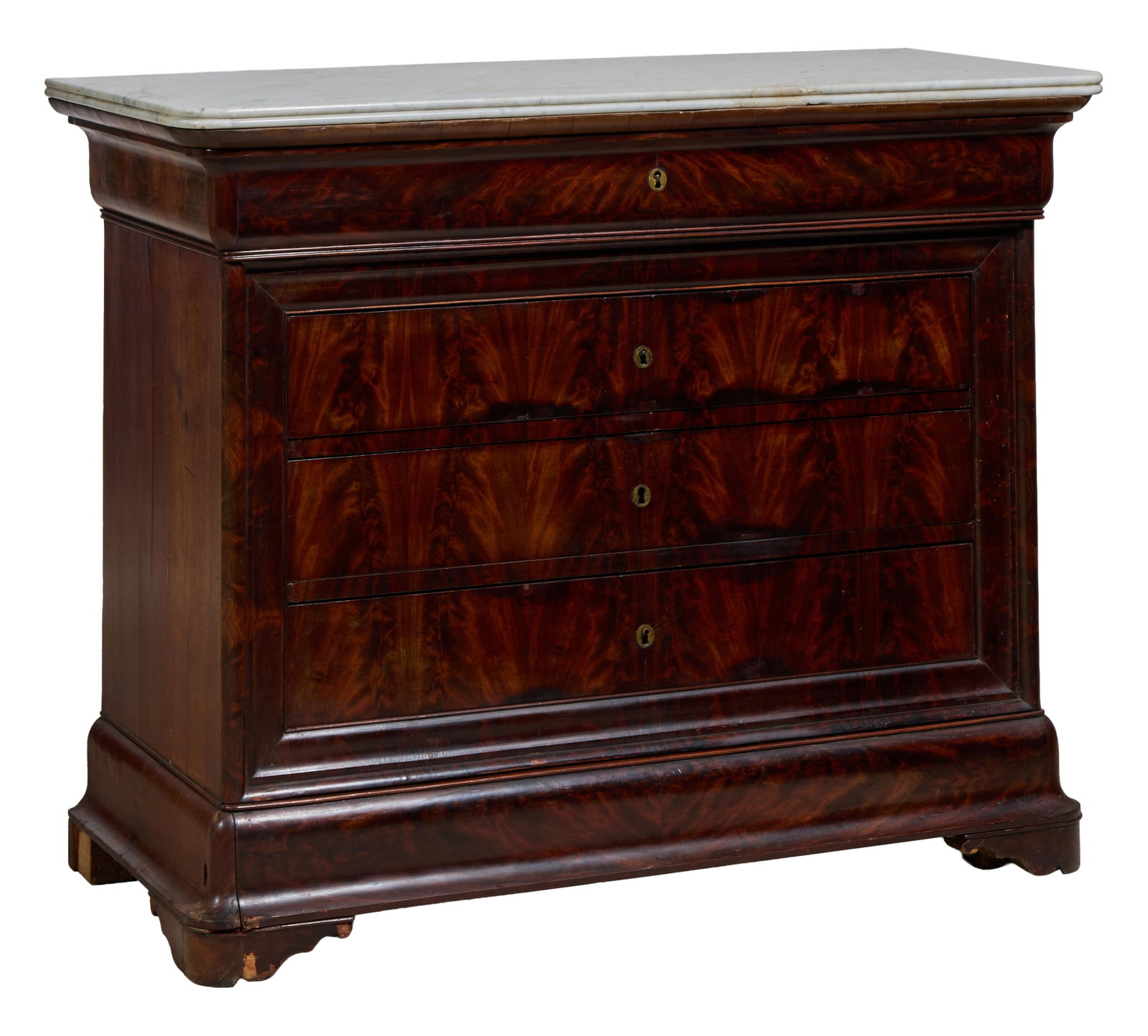 French Louis Philippe MarbleTop Walnut Commode, mid 19th c., H.- 38 1/2 in., W.- 48 1/2 in., D.- 22 (1 of 2)