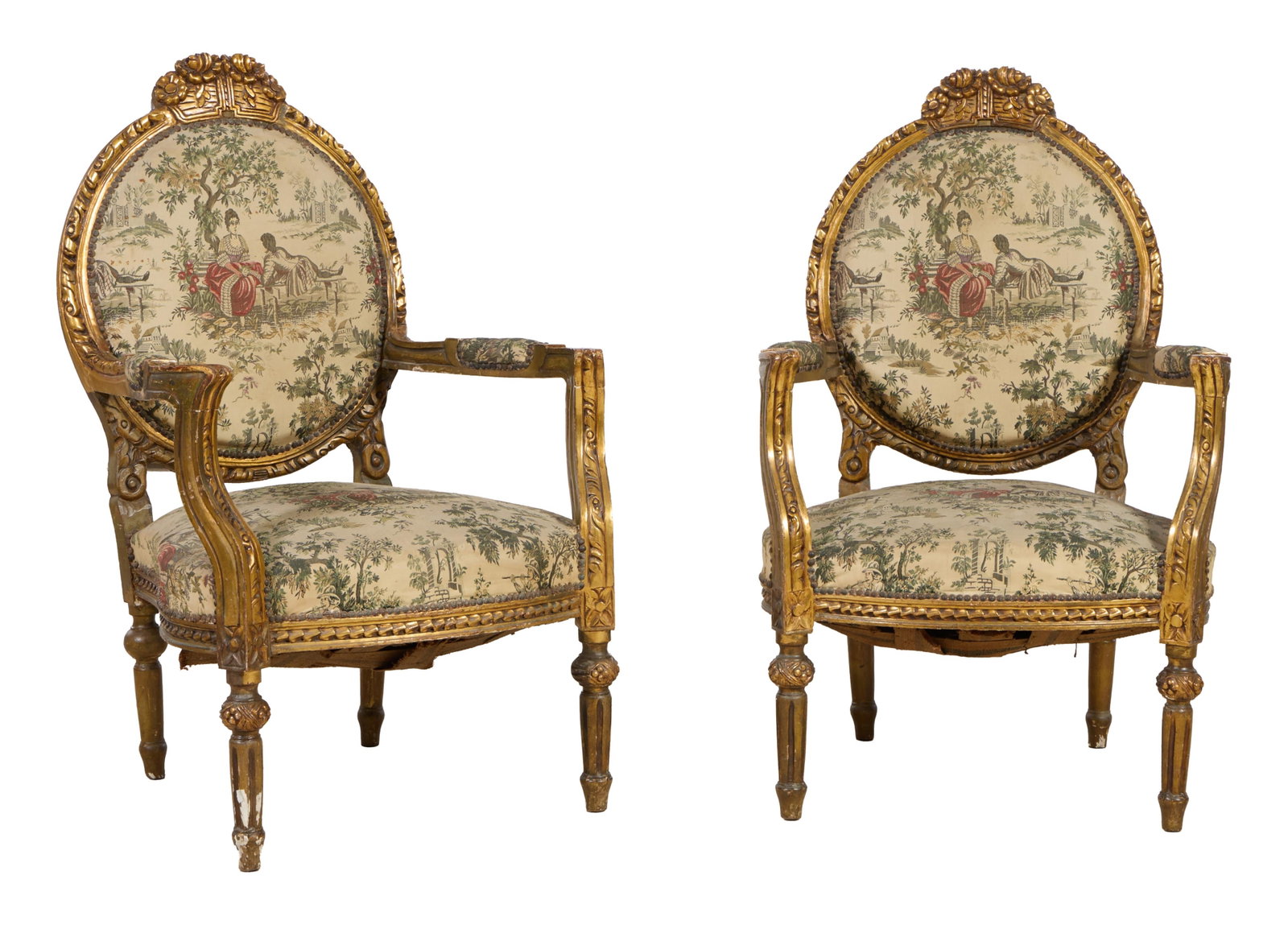Pair of Louis XV Style Giltwood Fauteuils, 21st c., Each- H.- 43 in., W.- 27 in., D.- 26 in. (2 (1 of 5)