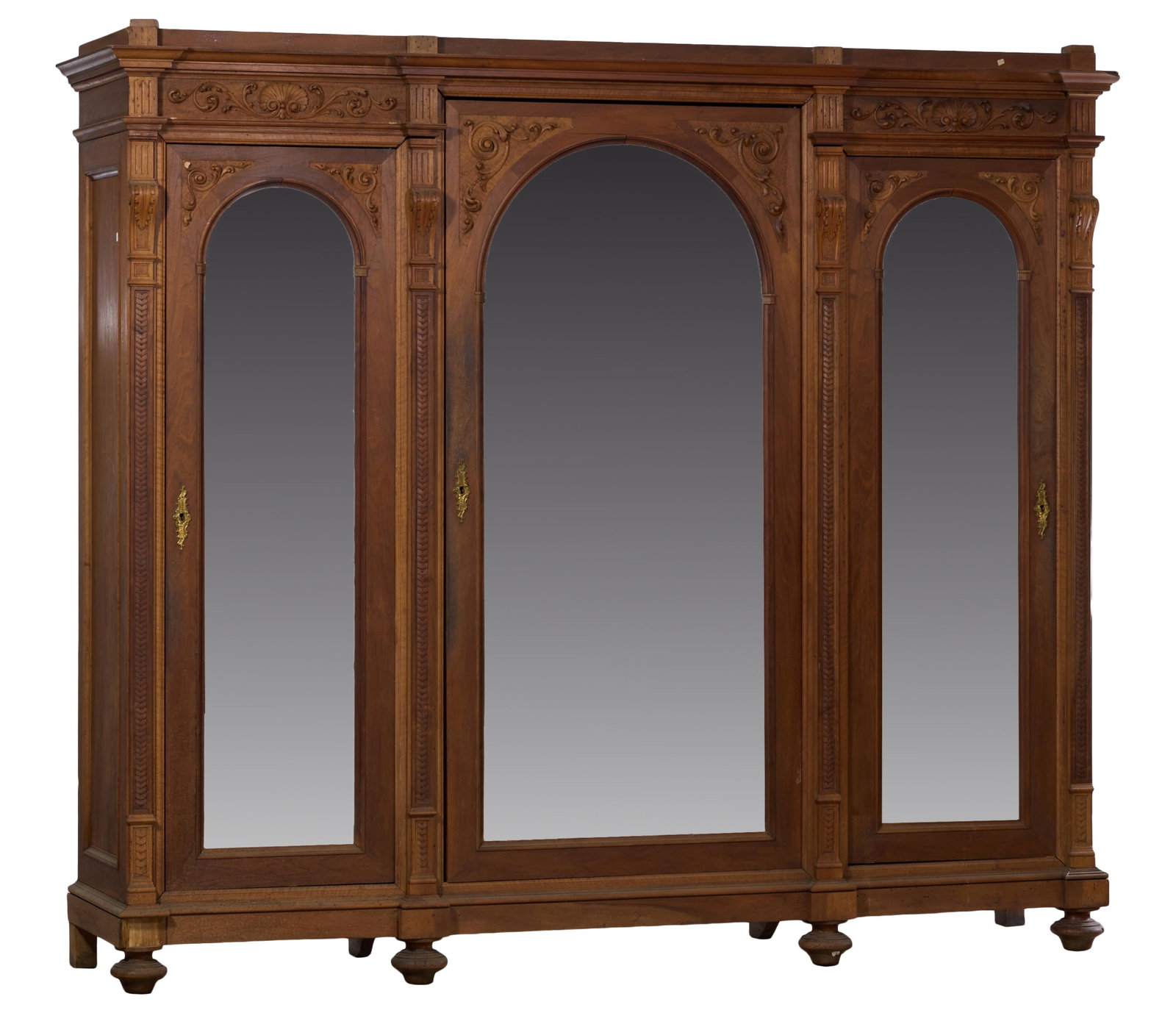 French Renaissance Revival Carved Walnut Triple Door Armoire, late 19th c., H.- 85 in., W.- 92 1/2 (1 of 3)