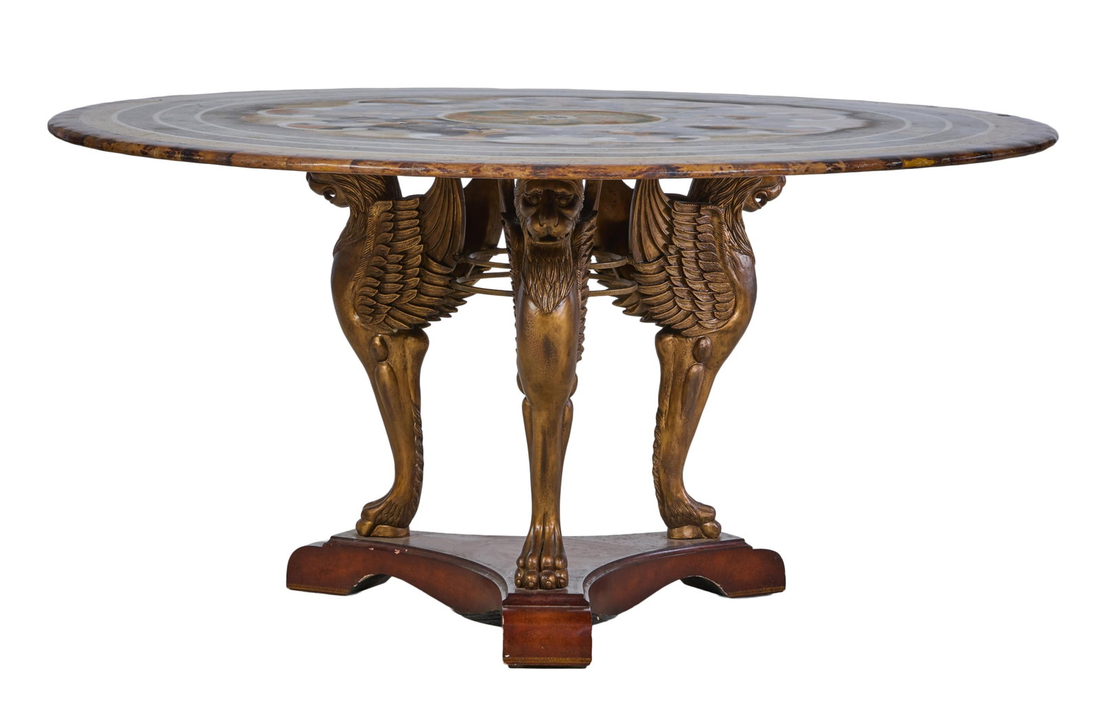 Classical Style Specimen Pietra Dura Top Gilt Metal Griffin Center Table, 20th c., H.- 30 in., Dia.- (1 of 5)